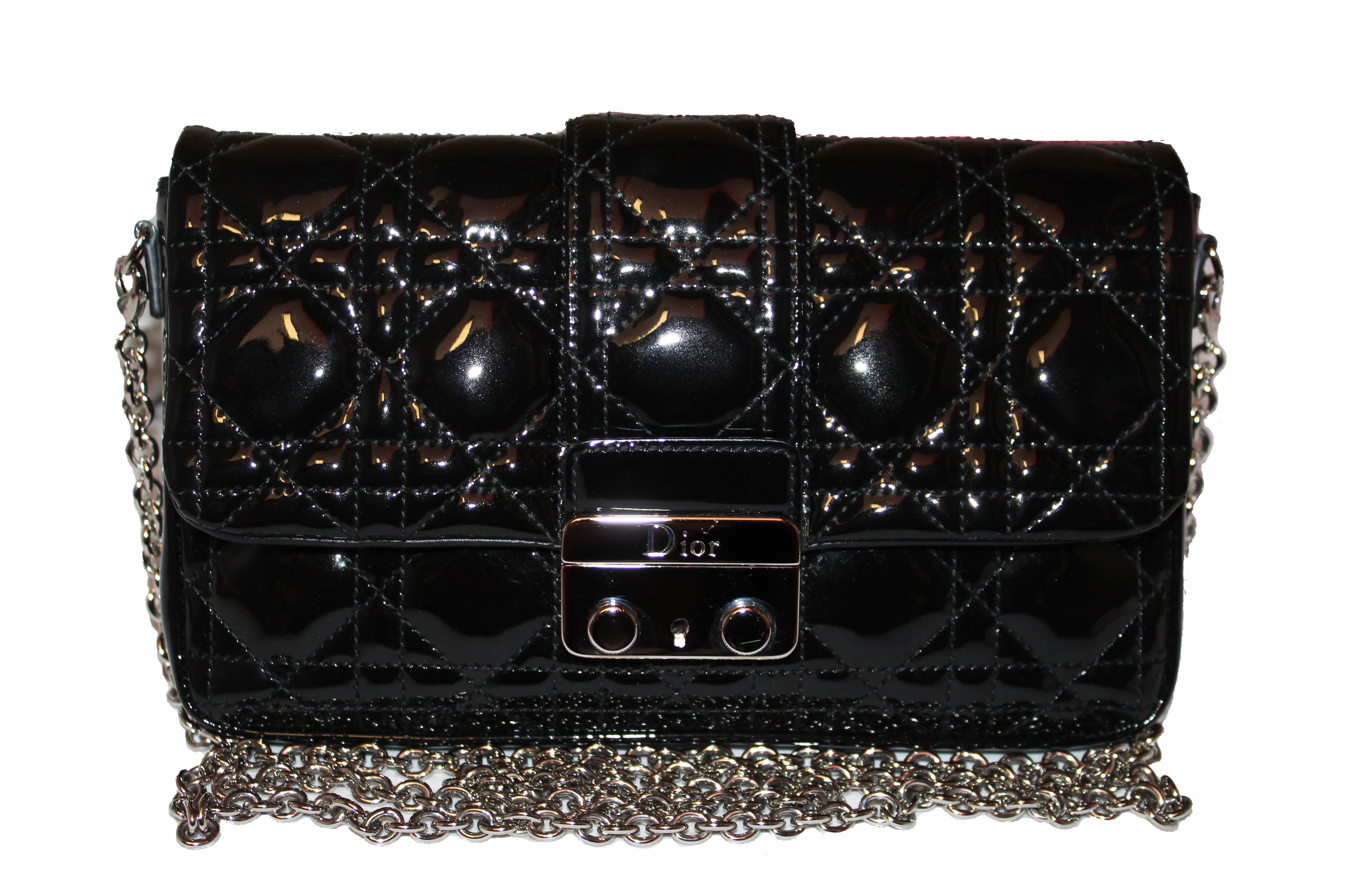 Authentic Christian Dior Black Cannage Patent Leather Miss Dior Promenade Pouch Wallet On Chain Crossbody Bag - Luxury Evening Clutch for Parties, Dinner Dates & Special Occasions