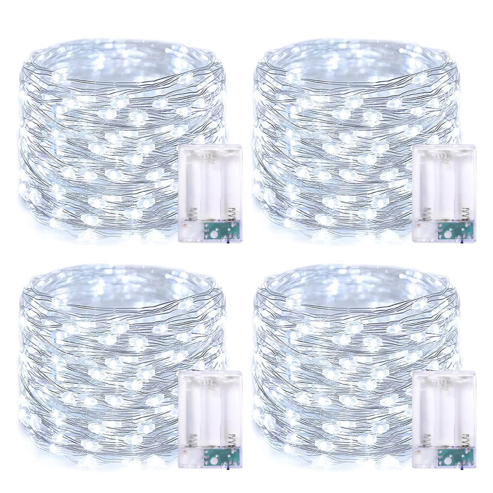 JMEXSUSS 4 Pack 50 LED White Fairy Lights - 16.1ft Battery Operated String Lights for Indoor & Outdoor Use - Waterproof Christmas Lights for Party, Wedding, Birthday, Holiday Decorations - Perfect for Bedroom, Garden, Patio and Christmas Tree Decor
