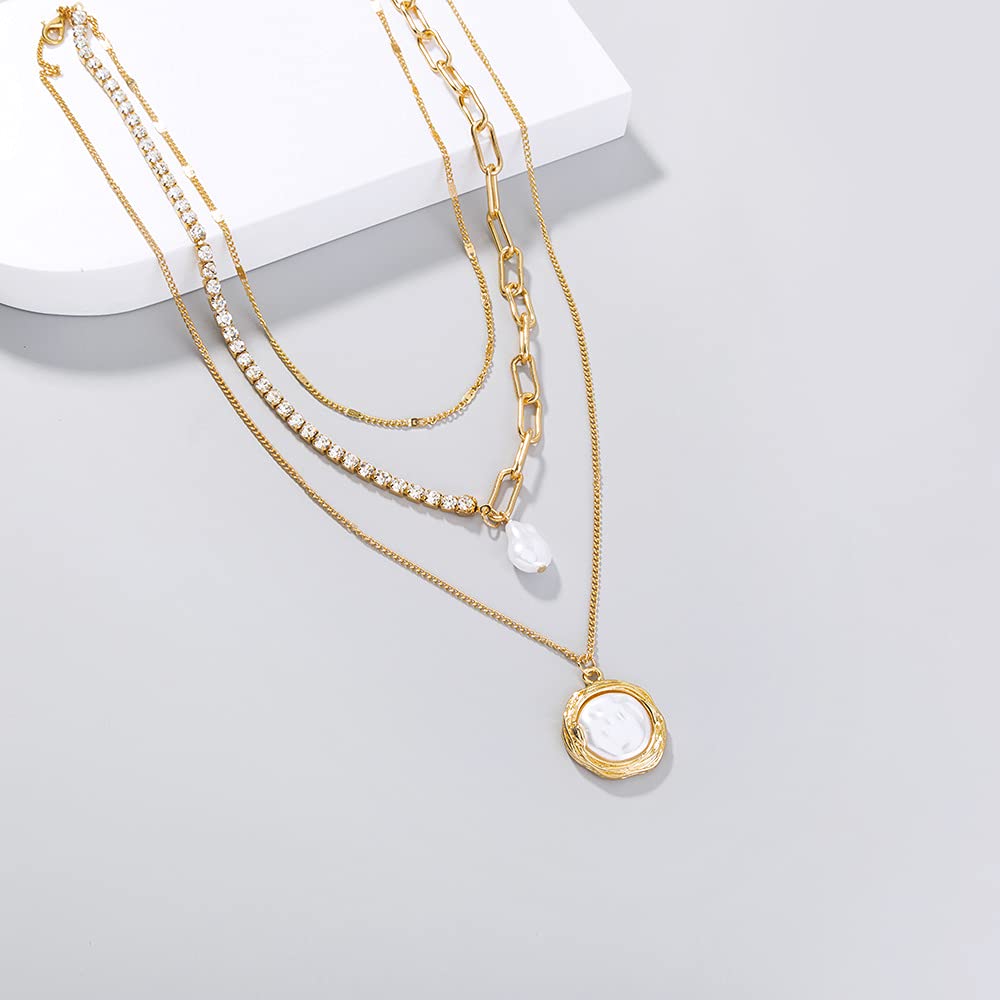 Vintage Layered Long Choker Necklace for Women - Pearl Pendant & Chunky Link Tennis Chain, Retro Fashion Jewelry | Perfect for Parties, Weddings, and Everyday Elegance