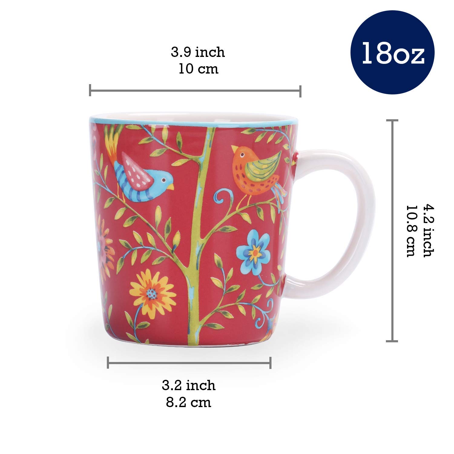 Bico Red Spring Bird Ceramic 16-Piece Dinnerware Set - Service for 4 with 11-Inch Dinner Plates, 8.75-Inch Salad Plates, 35-Oz Bowls & Mugs | Microwave & Dishwasher Safe | Perfect for Parties, Family Dinners & Everyday Use