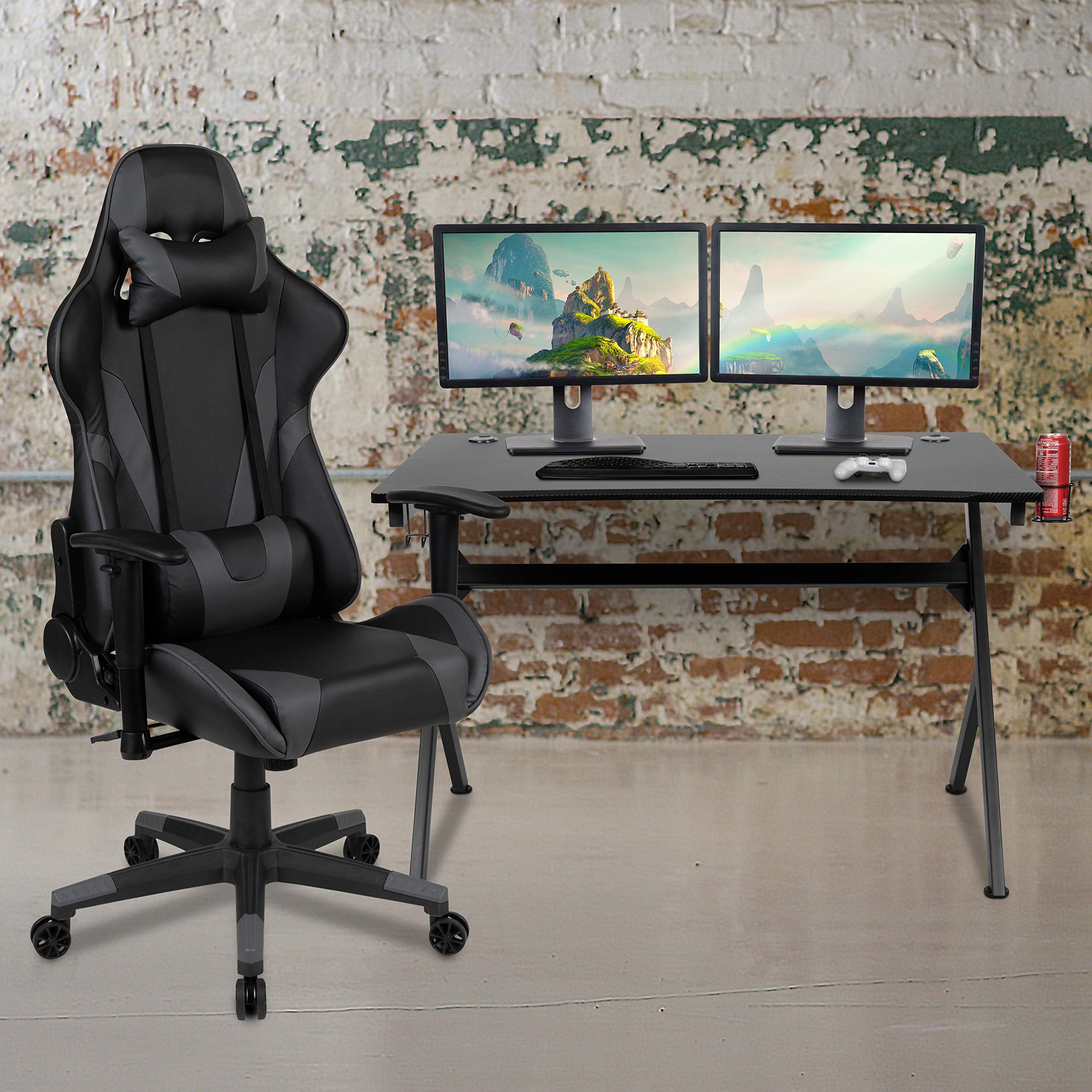 Black Gaming Desk with Gray/Black Reclining Gaming Chair Set - Cup Holder, Headphone Hook & 2 Cable Management Holes - Perfect for PC Gaming Setup, Streaming & Home Office