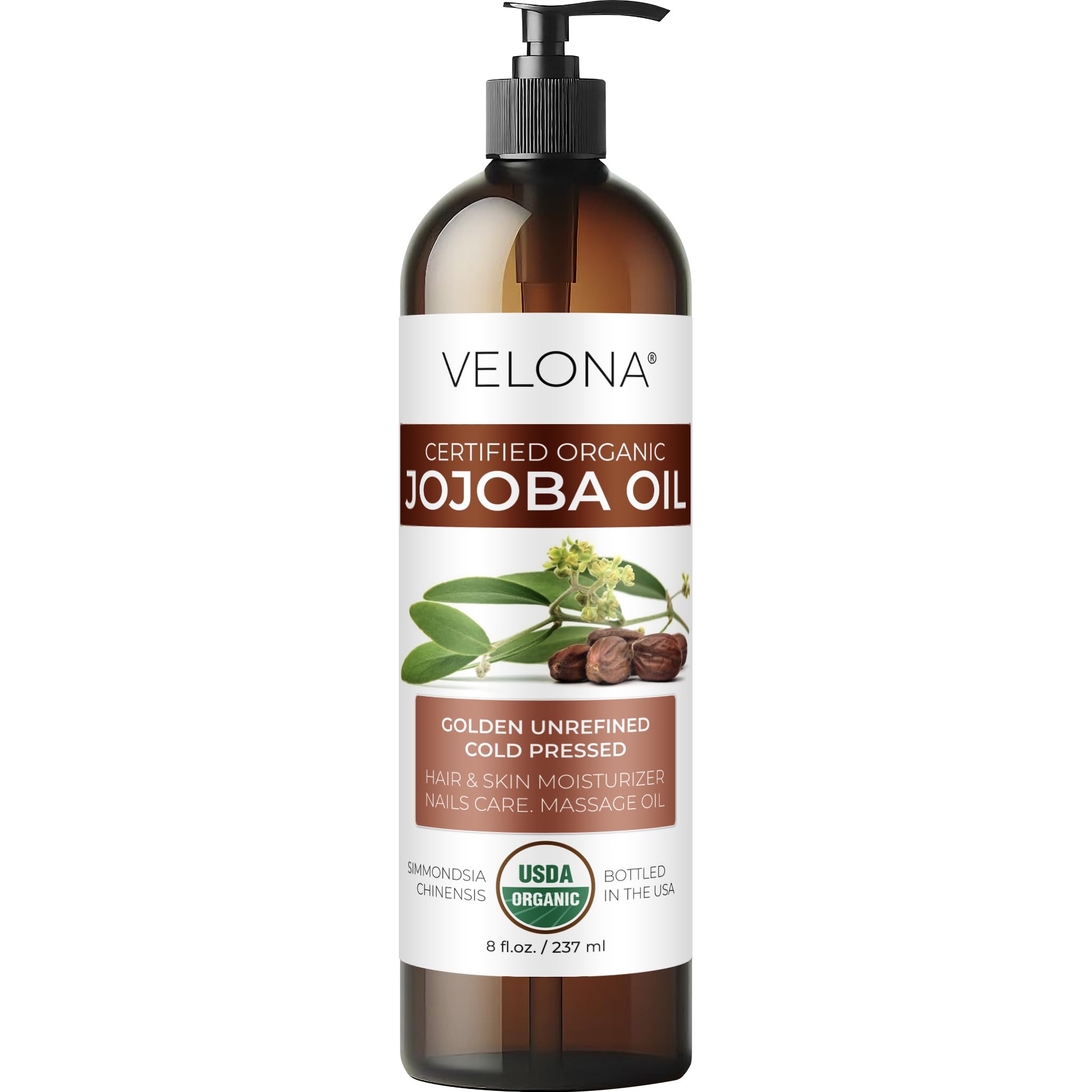 Velona Organic Jojoba Oil 8 Fl Oz (With Pump) - 100% Pure Unrefined Cold Pressed Natural Oil for Face, Hair, Body & Skin Care - Moisturizes Dry Skin, Reduces Stretch Marks & Nourishes Cuticles - Perfect for Daily Beauty Routine & Massage Therapy