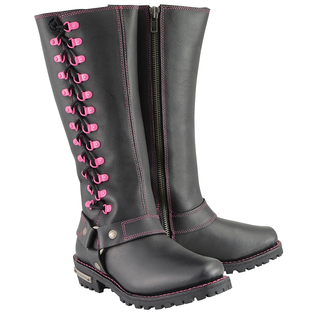 Milwaukee MBL9366 Women's 14-Inch Black Leather Motorcycle Boots with Purple Accent Lacing - Durable Riding Boots for Harley Davidson & Cruiser Bikes