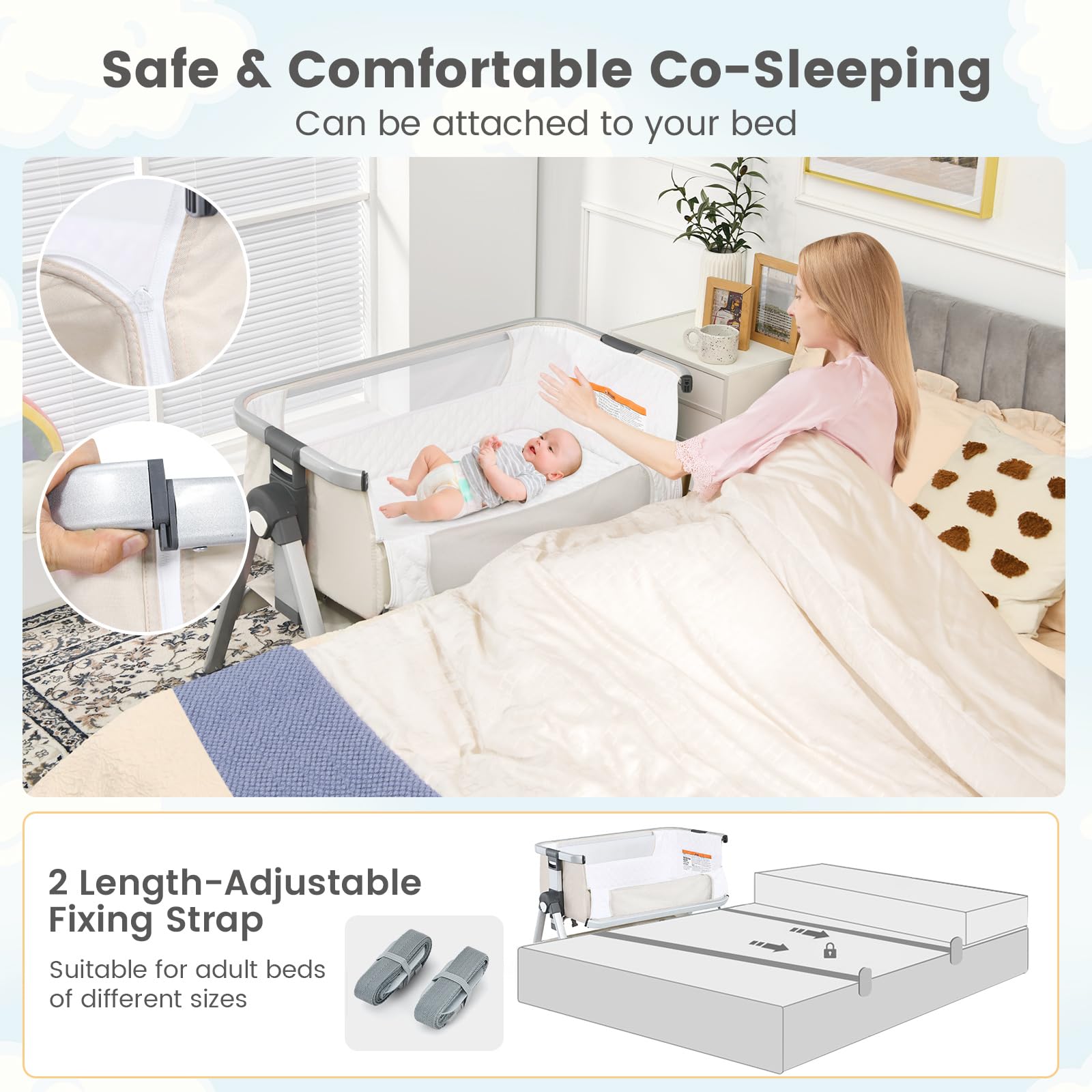**BABY JOY Portable Bassinet Bedside Crib with Mattress - Adjustable Height, Storage Basket & Travel Bag - Safe Newborn Sleeper for Nursery, Travel & Co-Sleeping (Beige)**