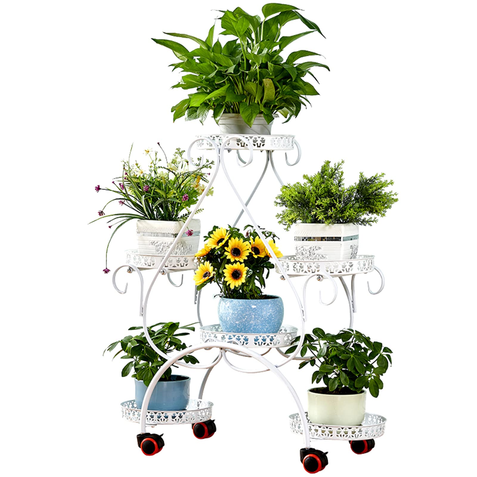 ZCL European-Style Wrought Iron Flower Pot Holder - Multi-Tier Plant Stand with Brake Wheels for Indoor & Outdoor Use - Perfect for Balcony, Garden, Patio, and Yard Decor