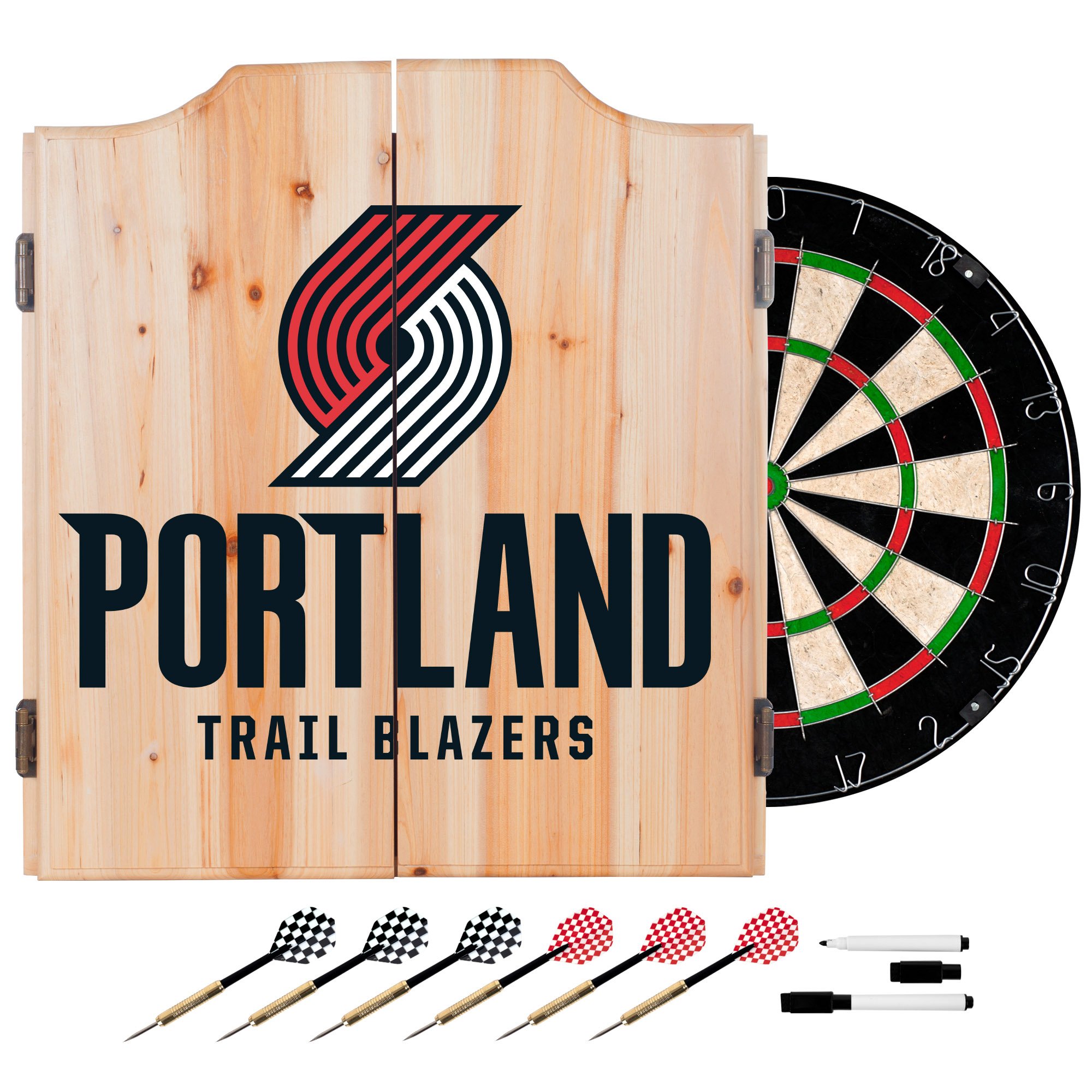 NBA Portland Trail Blazers Wooden Dartboard Cabinet Set - Official Team Logo - Perfect for Game Rooms, Man Caves & Sports Bars