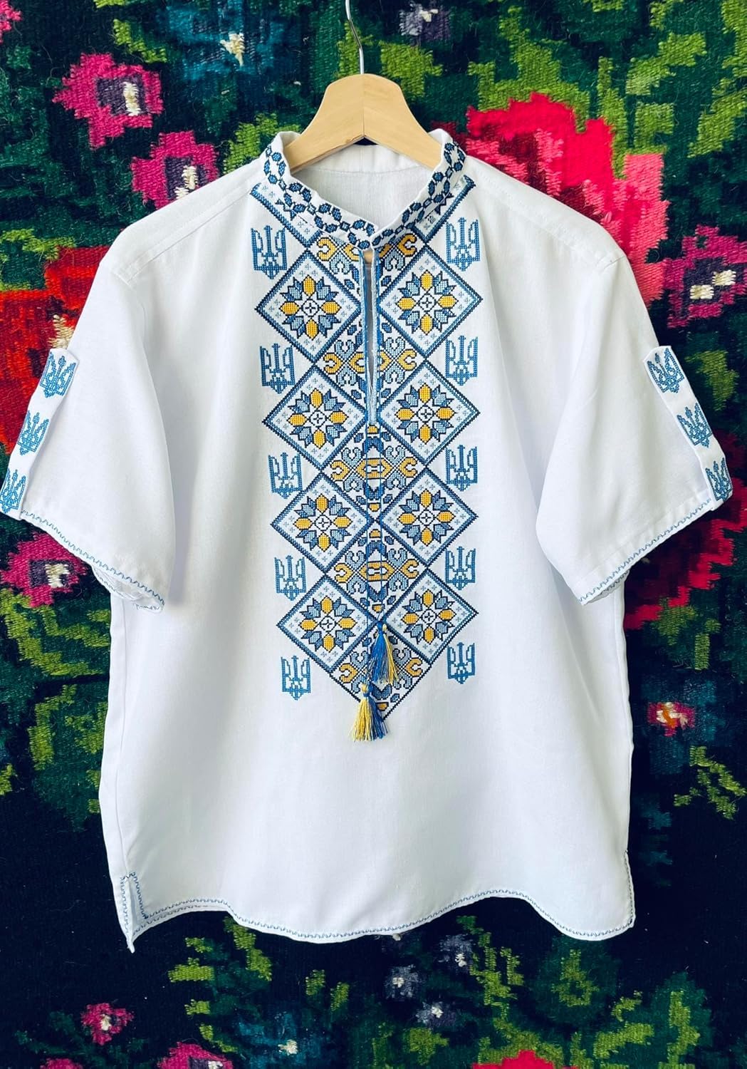 Authentic Ukrainian Vyshyvanka Embroidered Shirt for Men & Women - Yellow & Blue Trident Design, Gender Neutral Traditional Top, Family Matching Outfits, Short Sleeve Cultural Shirt (Sizes XXS-7XL) - Perfect for Folk Festivals, Cultural Events & Ethnic Fashion