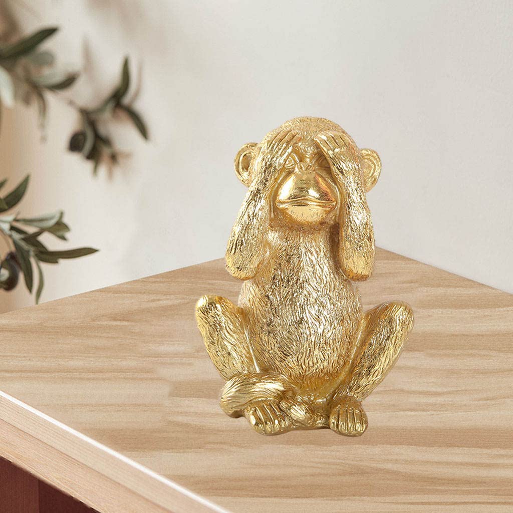 Handmade Resin Feng Shui Monkey Statue - Gold Chinese No Evil Monkey Figurine for Home Decor & Good Luck | Perfect for Living Room, Office & Gift Giving
