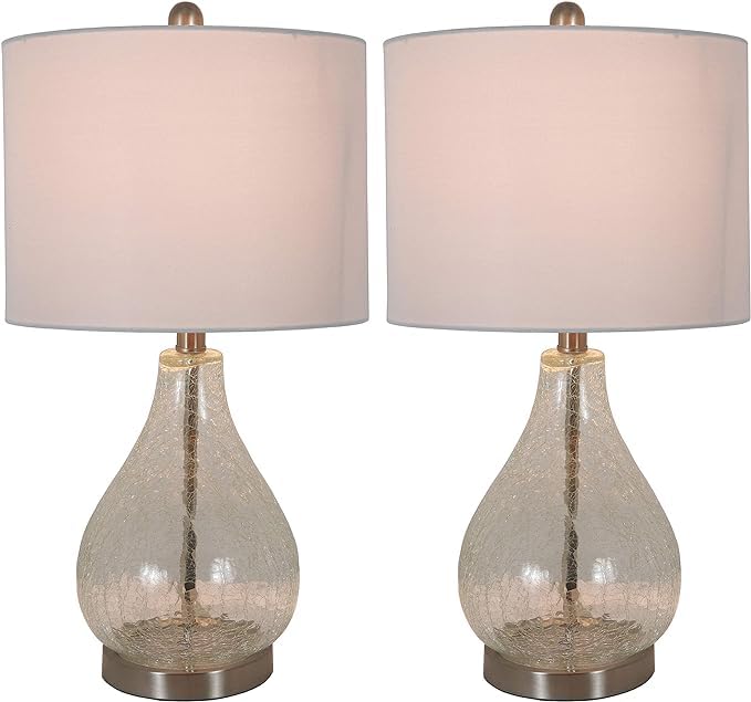Set of 2 Decor Therapy Crackled Teardrop Table Lamps - 100W Bedside or Living Room Lighting (12x12x22.5 inches) - Perfect for Nightstands, Sofa End Tables & Bedroom Decor