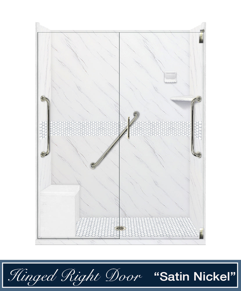 Freedom 60 Alcove Carrara Medici Marble & Pearl Hex Mosaic Tile - DIY Shower Remodel Kit for Bathroom & Backsplash Upgrade | Waterproof & Easy Installation