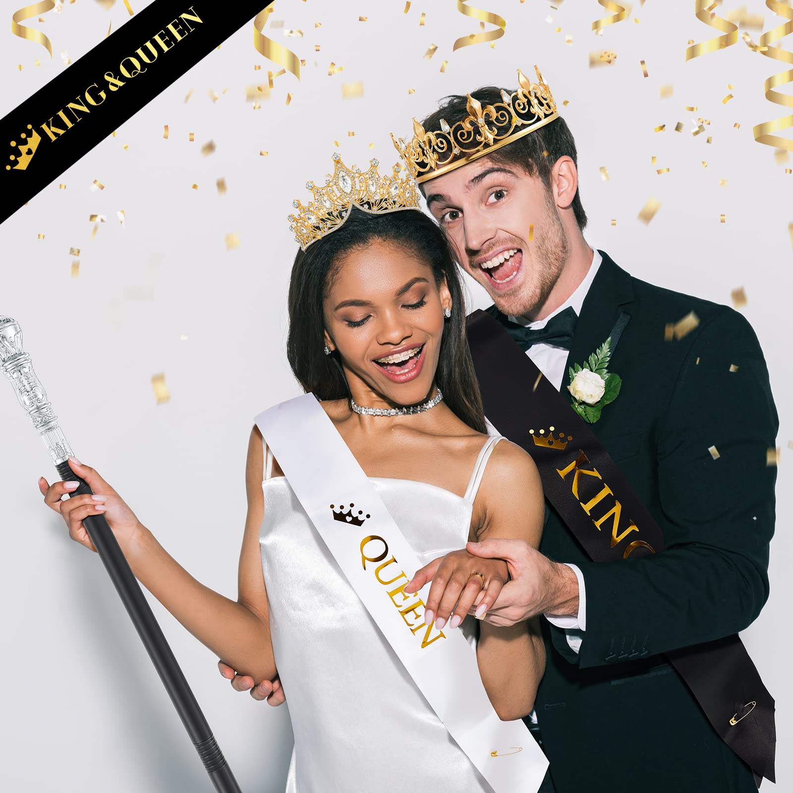 Zhanmai 6 PCS Prom King & Queen Crown Set with Walking Canes & Sashes - Perfect for Halloween Costumes, Graduation Parties, Birthday Celebrations & Royal Theme Events