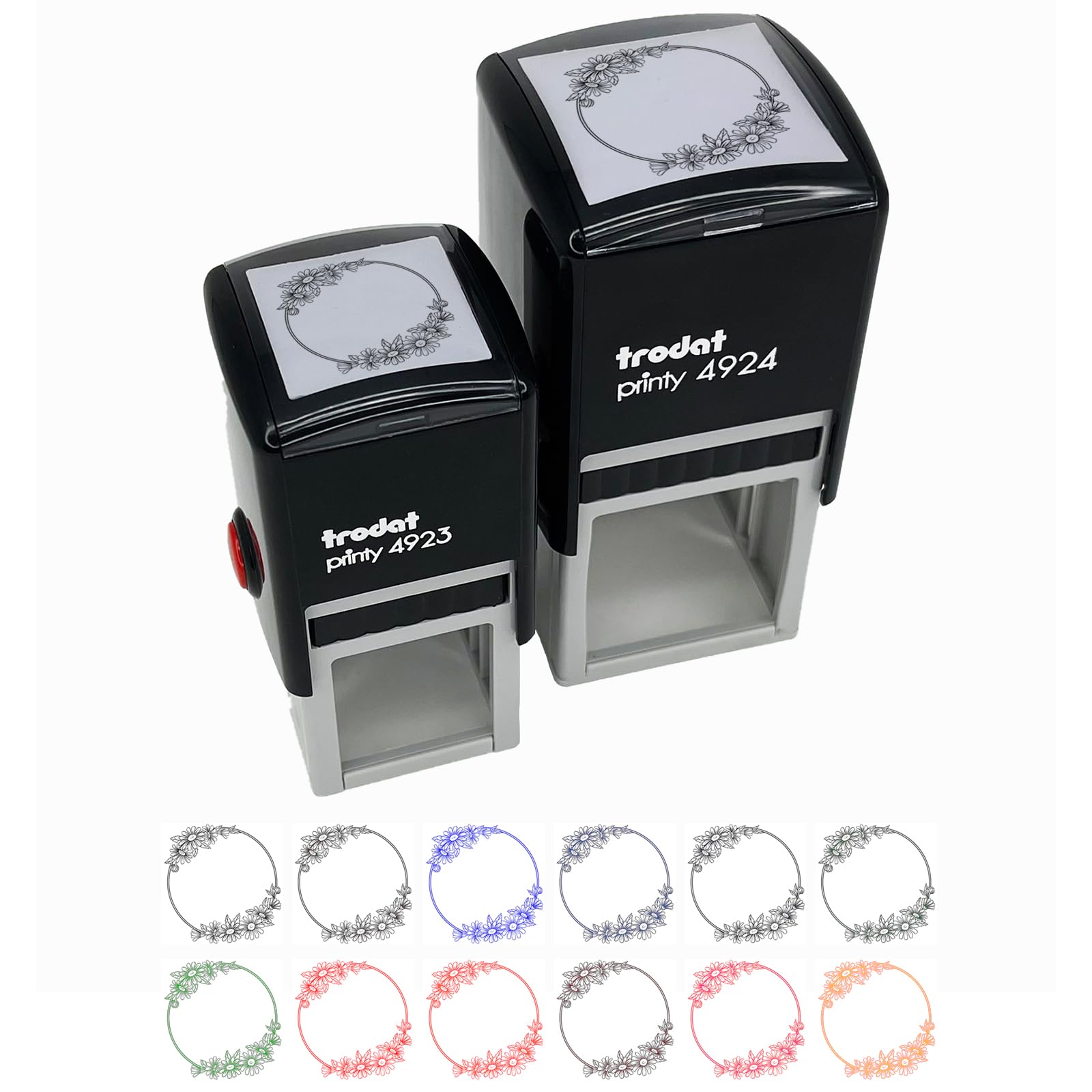Decorative Summer Daisy Flowers Wreath Self-Inking Rubber Stamp - 1 Inch Small Stamp with Red Ink - Perfect for Scrapbooking, Card Making & DIY Crafts