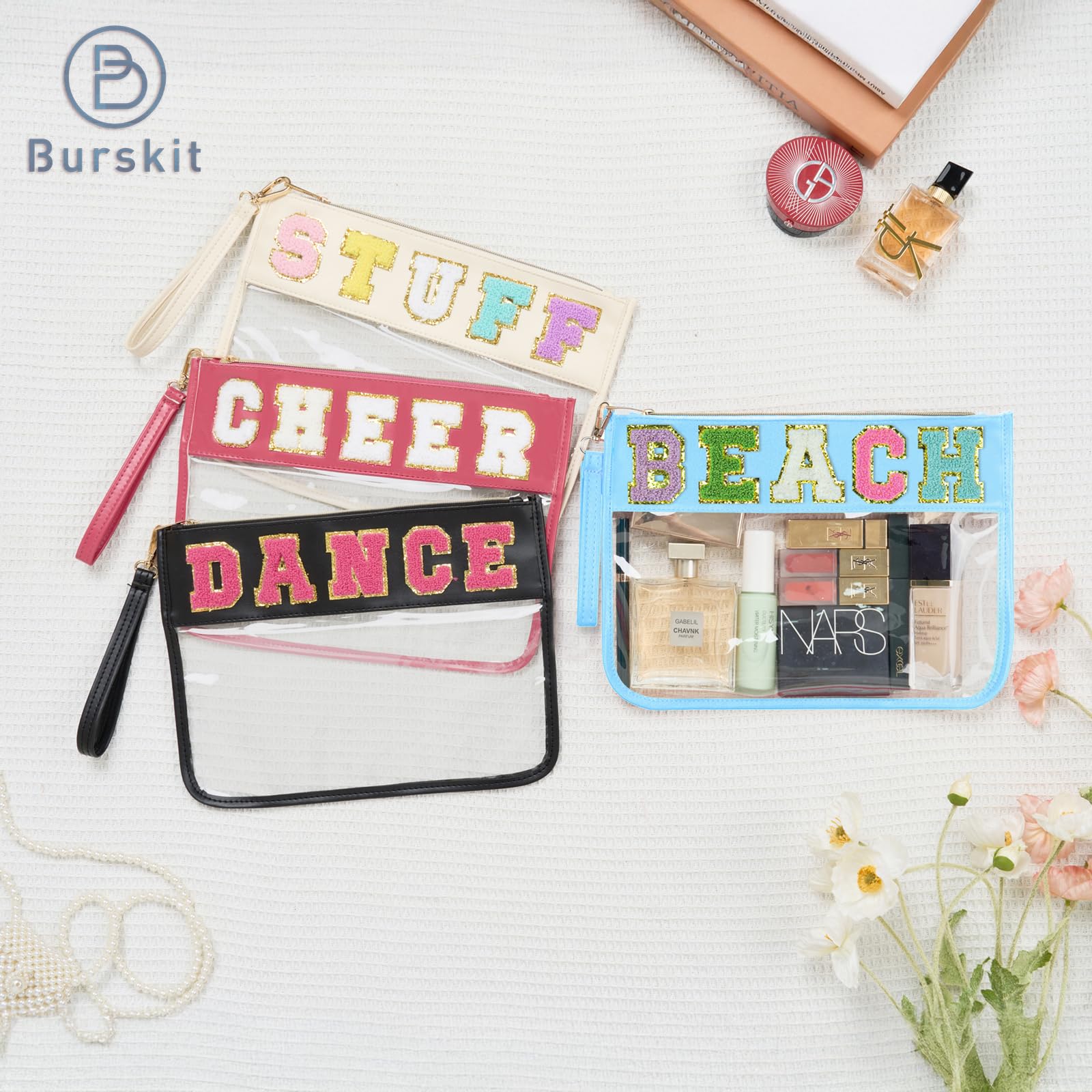 Chenille Letter Clear Zipper Pouch | Waterproof Nylon Cosmetic Organizer Bag | Travel Makeup Bag for Women | Preppy Patch Valentines Gift | Perfect for Beach Trips & Daily Essentials Storage (BL-BEACH)
