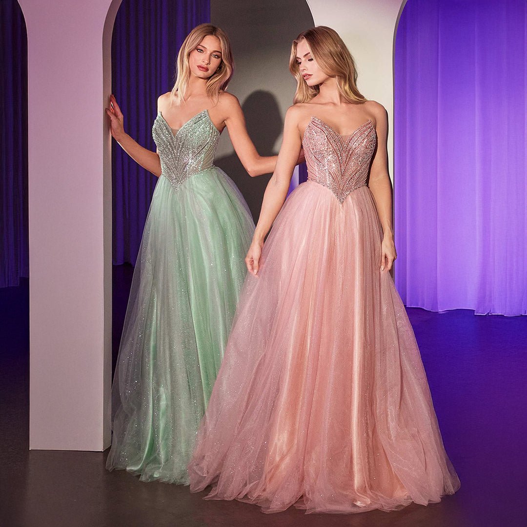 Cinderella Divine Sage Beaded Strapless Tulle Prom Dress for Women - Elegant Evening Gown for Homecoming, Quinceañera & Formal Events