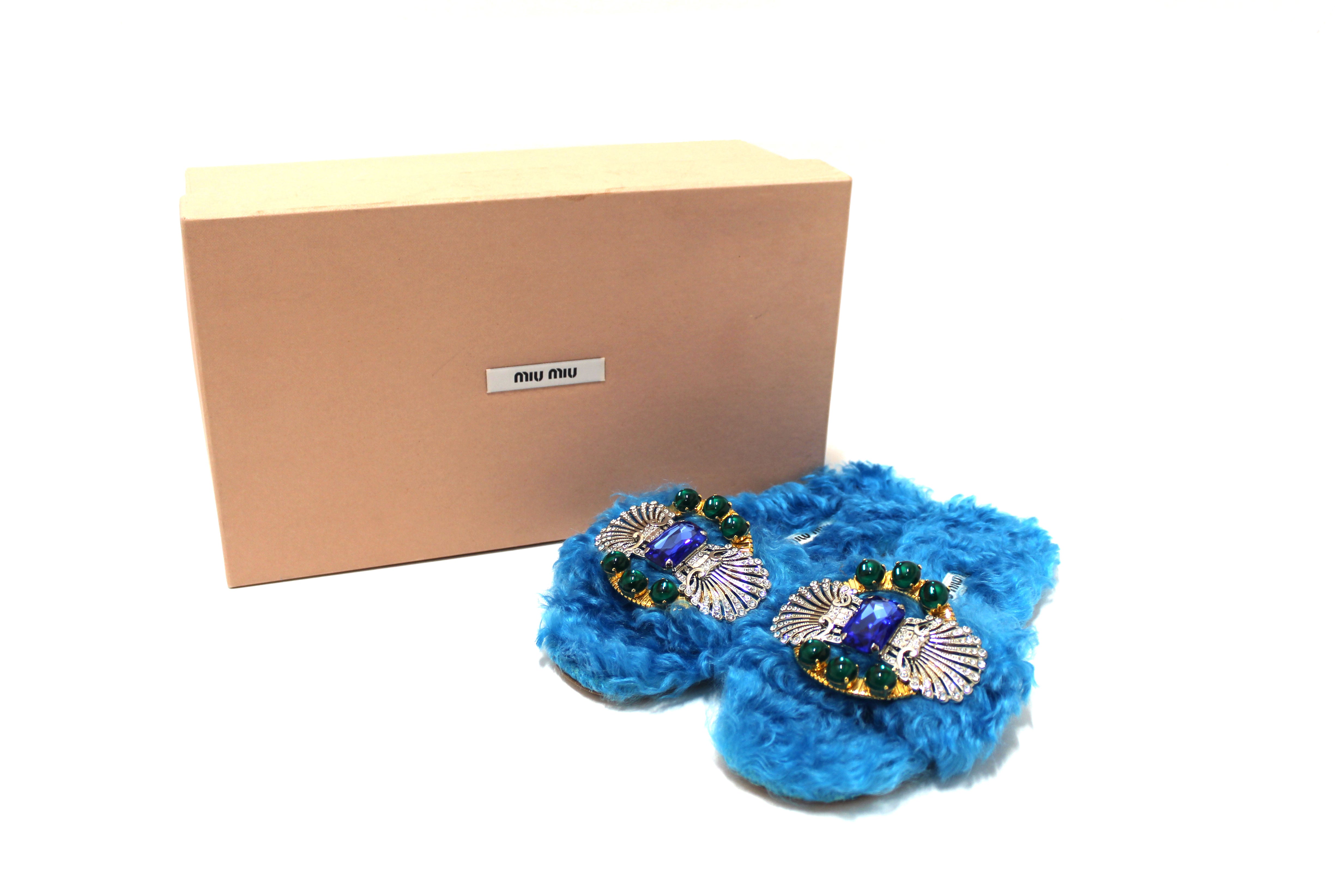 Authentic Miu Miu Women's Flat Sandals - Teal Turquoise Blue Genuine Shearling Fur with Rhinestones Size 35 | Comfortable Summer Beach Wedding Party Shoes