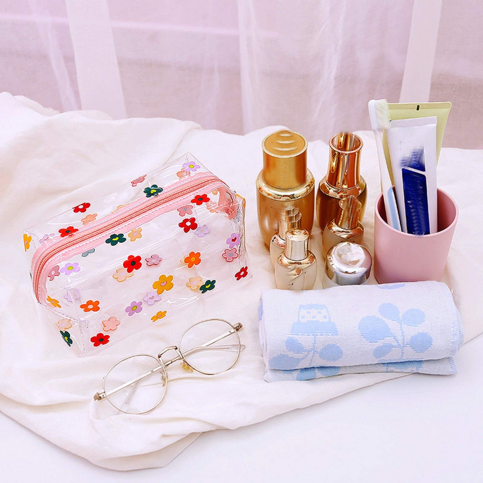 ASkinds Clear Waterproof Cosmetic Bag - Cute Cartoon Flower Design Transparent Makeup Pouch for Women | Portable Travel Toiletry Organizer | Perfect for Gym, Travel & Daily Storage