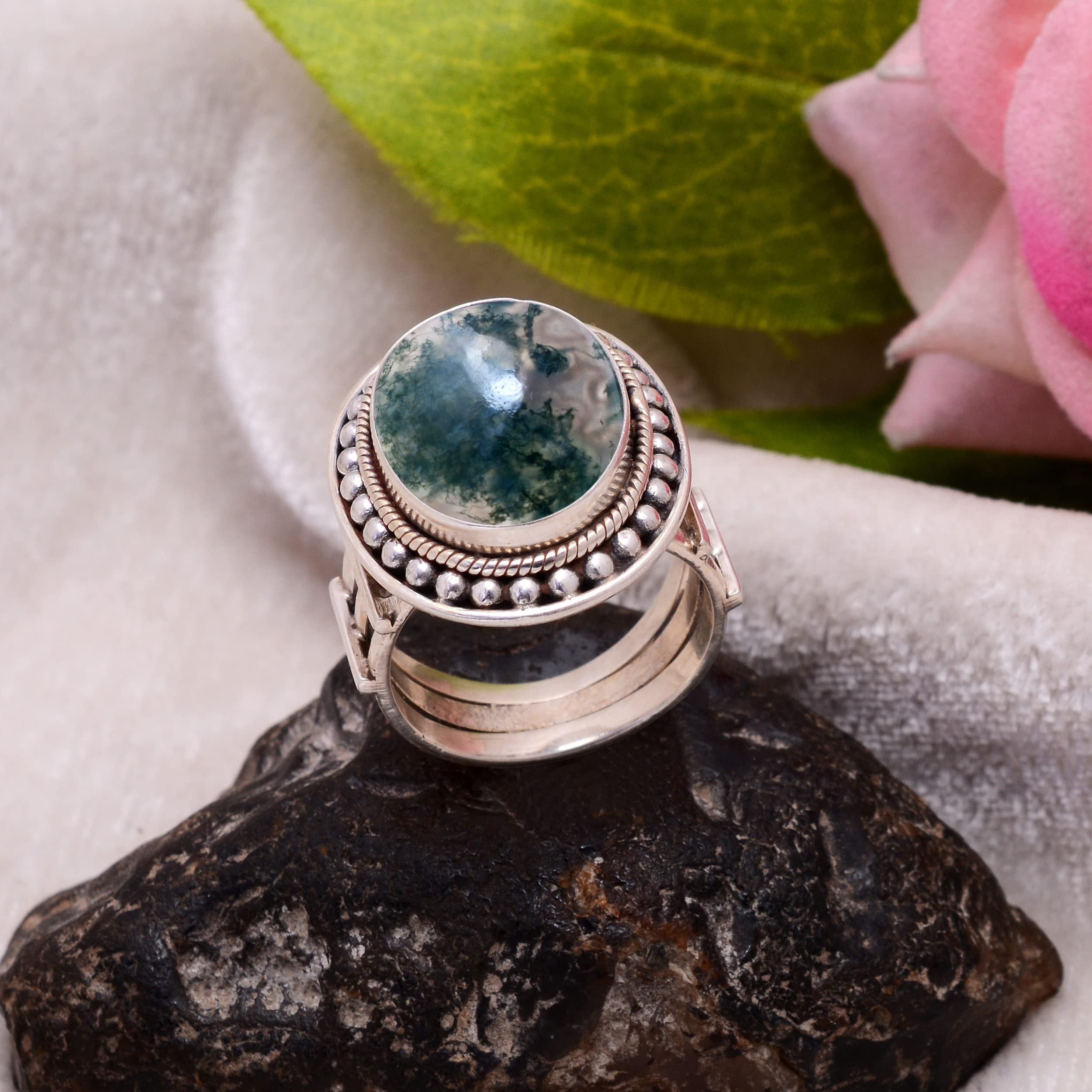 Veracity Jewelry Moss Agate Rings for Women - 925 Sterling Silver Healing Meditation Rings with Natural Green Gray Moss Agate Gemstone | Spiritual Jewelry, Yoga Accessories, Gift for Her (VSR-37)