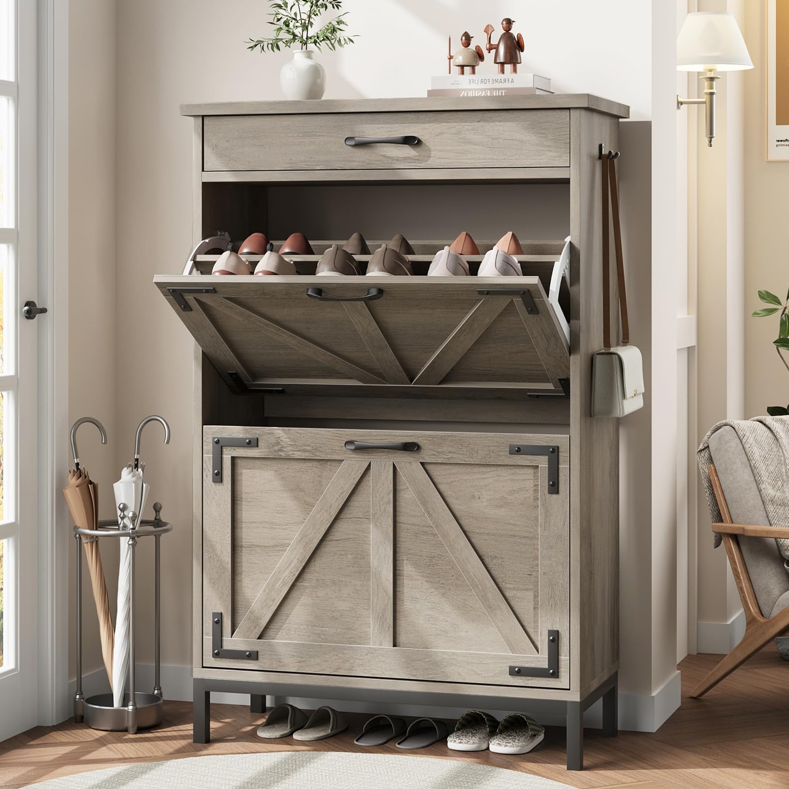 Farmhouse Narrow Shoe Cabinet with 2 Flip Drawers - Hidden Entryway Shoe Storage Organizer, Free Standing Slim Shoe Rack for Hallway, Foyer & Door Entry (Grey) - Perfect for Small Spaces & Clutter-Free Home Organization