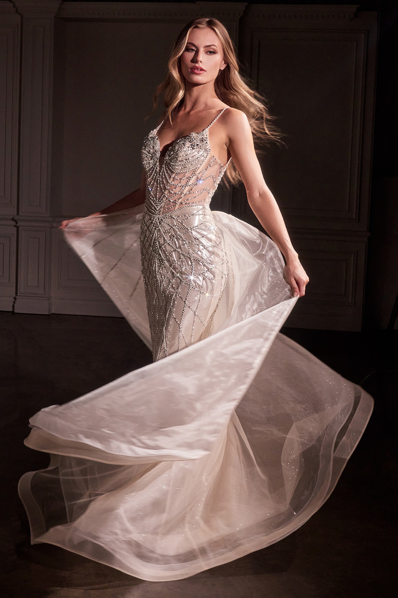 Elegant Cassiopeia Fit & Flare Crystal Embellished Gown with Detachable Overskirt - Perfect for Prom, Evening Gala & Formal Events