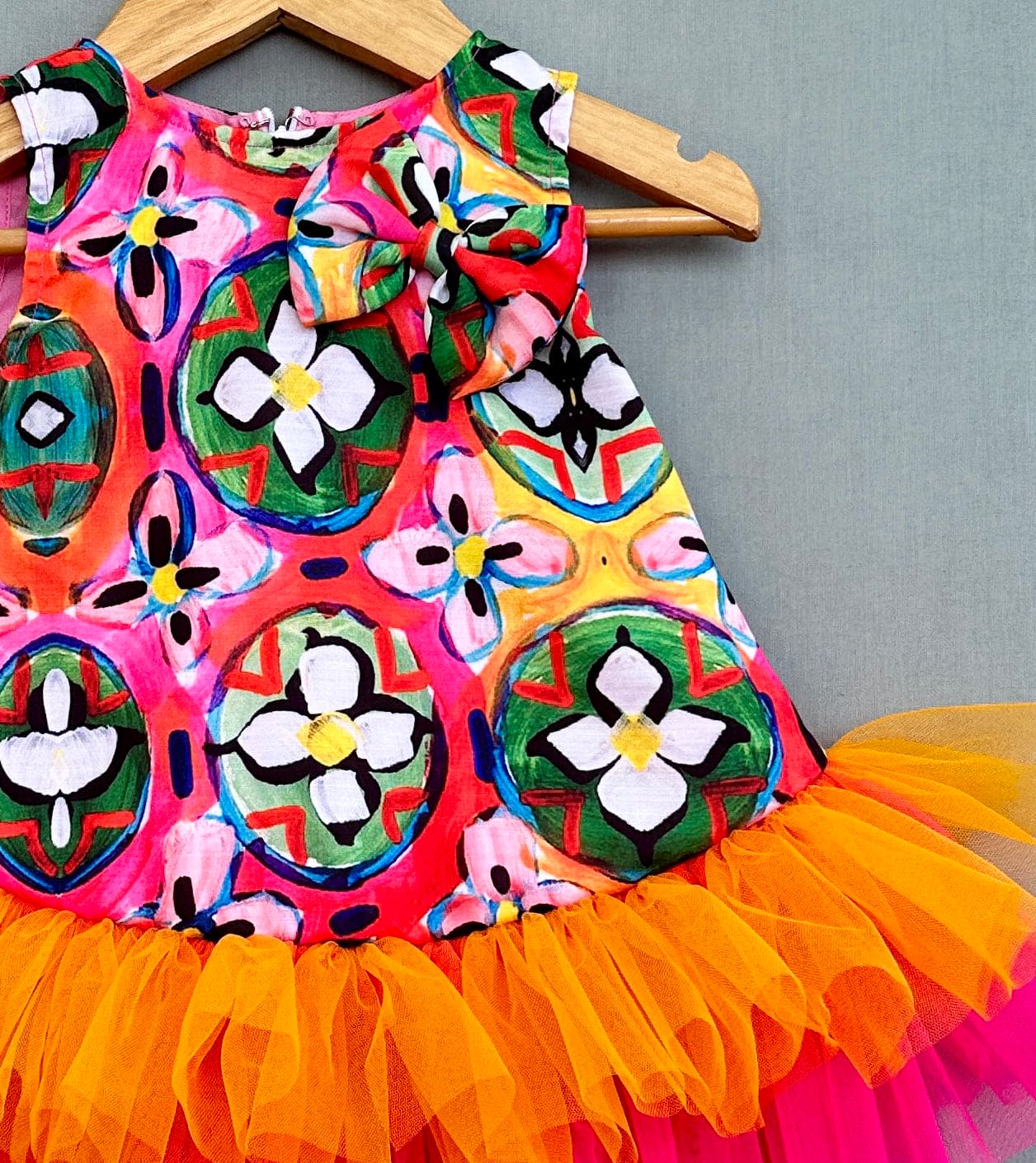Pre Order: Stylish Abstract Printed Dress with Colorful Frills - Perfect for Parties, Weddings & Summer Outings