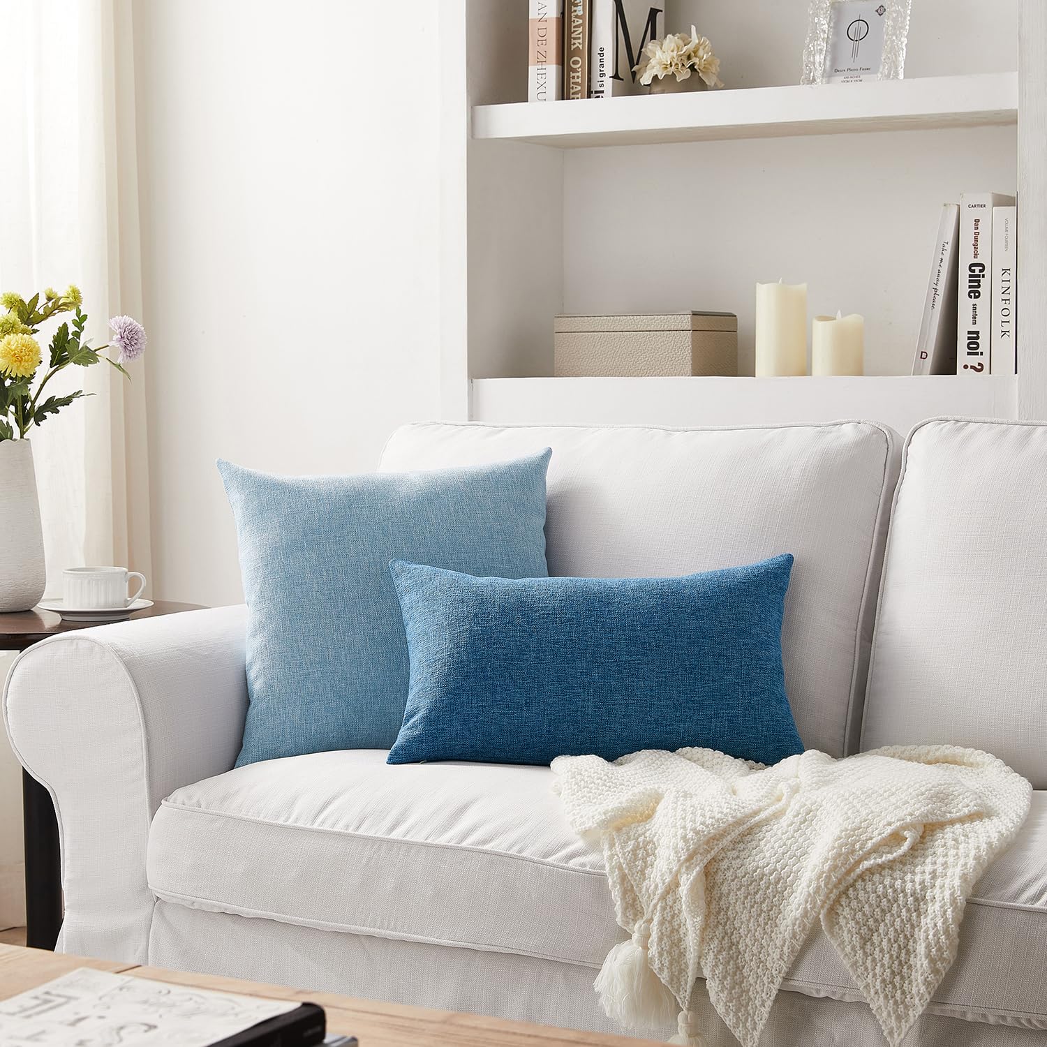 Meekio Set of 2 Blue Boho Farmhouse Pillow Covers 12x20 Inch - Linen Decorative Throw Pillow Cases for Sofa, Couch & Bed - Perfect for Living Room, Bedroom & Home Décor