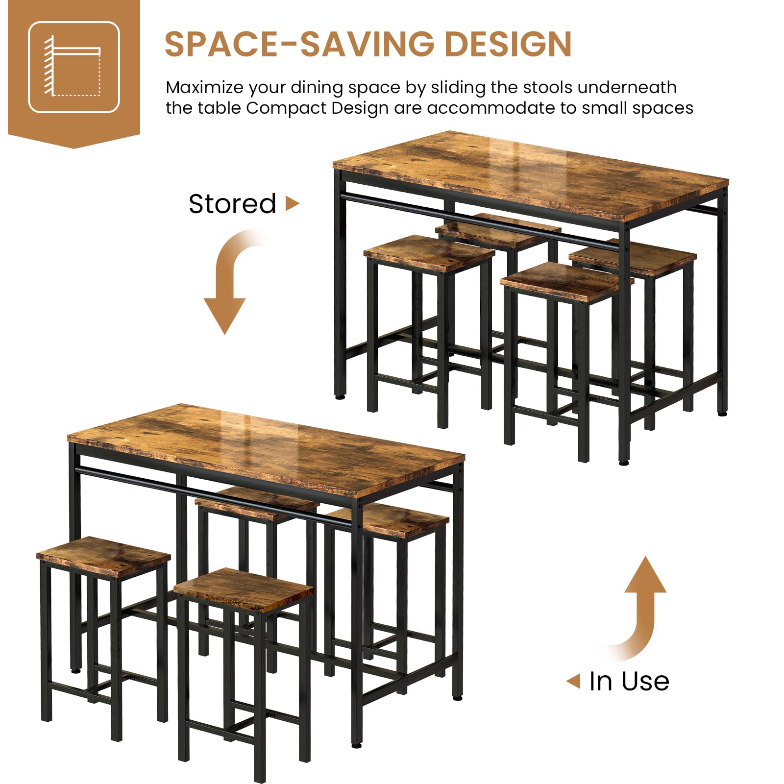 Recaceik 5-Piece Counter Height Dining Table Set for 4 - Modern Kitchen Bar Table with 4 Stools, Space-Saving Breakfast Nook Set for Apartments, Small Homes & Compact Spaces - Perfect for Morning Coffee, Casual Dining & Entertaining Guests