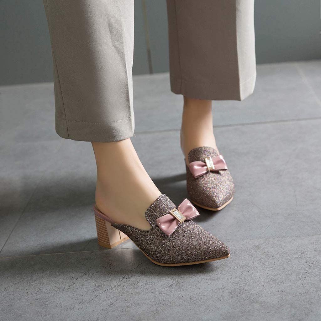 Mioke Women's Pointed Toe Bow Mules - Slip On Loafers with Glitter Backless Design, Low Block Heel Dress Shoes for Casual Wear, Office & Party Occasions