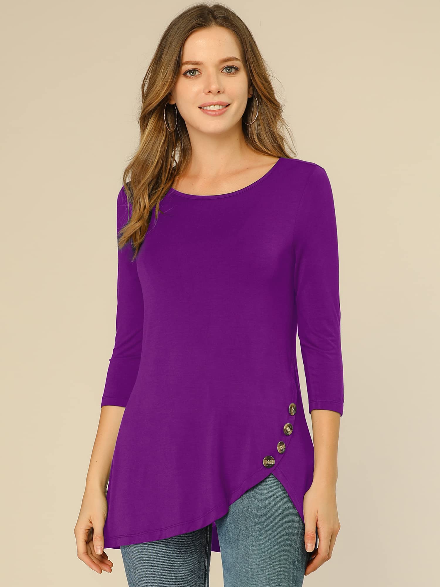 Allegra K Women's Loose Asymmetrical Hem Tunic T-Shirt | 3/4 Sleeve Round Neck Casual Top | Spring 2025 Fashion | Perfect for Work, Weekend & Travel Outfits
