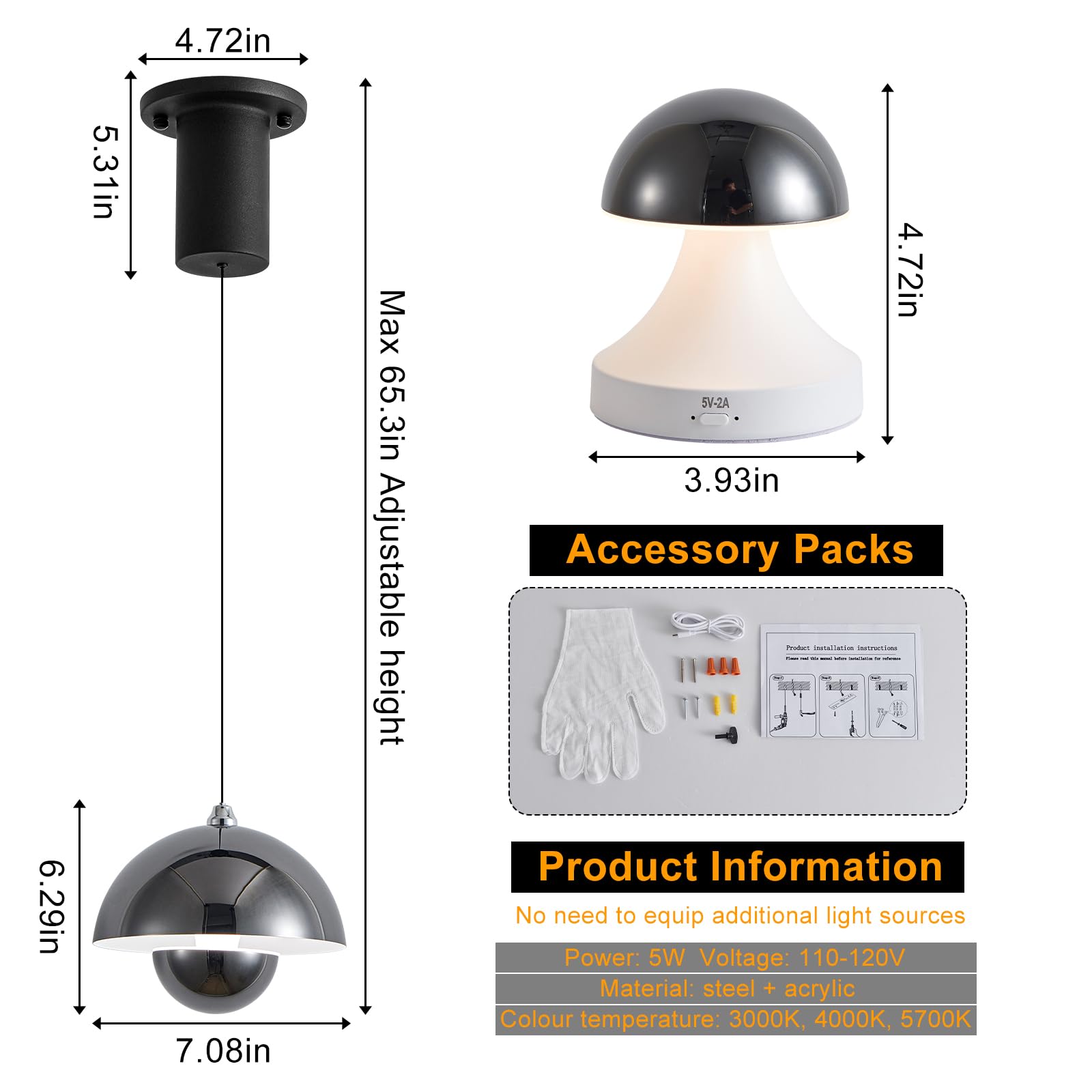 Modern Black Wireless LED Pendant Light for Kitchen Island - Rechargeable Battery Operated, 3-Color Touch Dimmable, No Wiring Needed, Height Adjustable - Perfect for Bedroom, Bedside & Dining Room Lighting