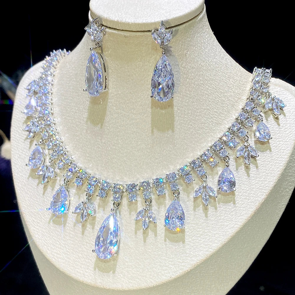 Elegant Droplet Cubic Zirconia Tassel Bridal Jewelry Set - Necklace & Earrings for Wedding, Prom, Evening Gala & Special Occasions | Perfect Gift for Bride, Bridesmaids & Formal Events