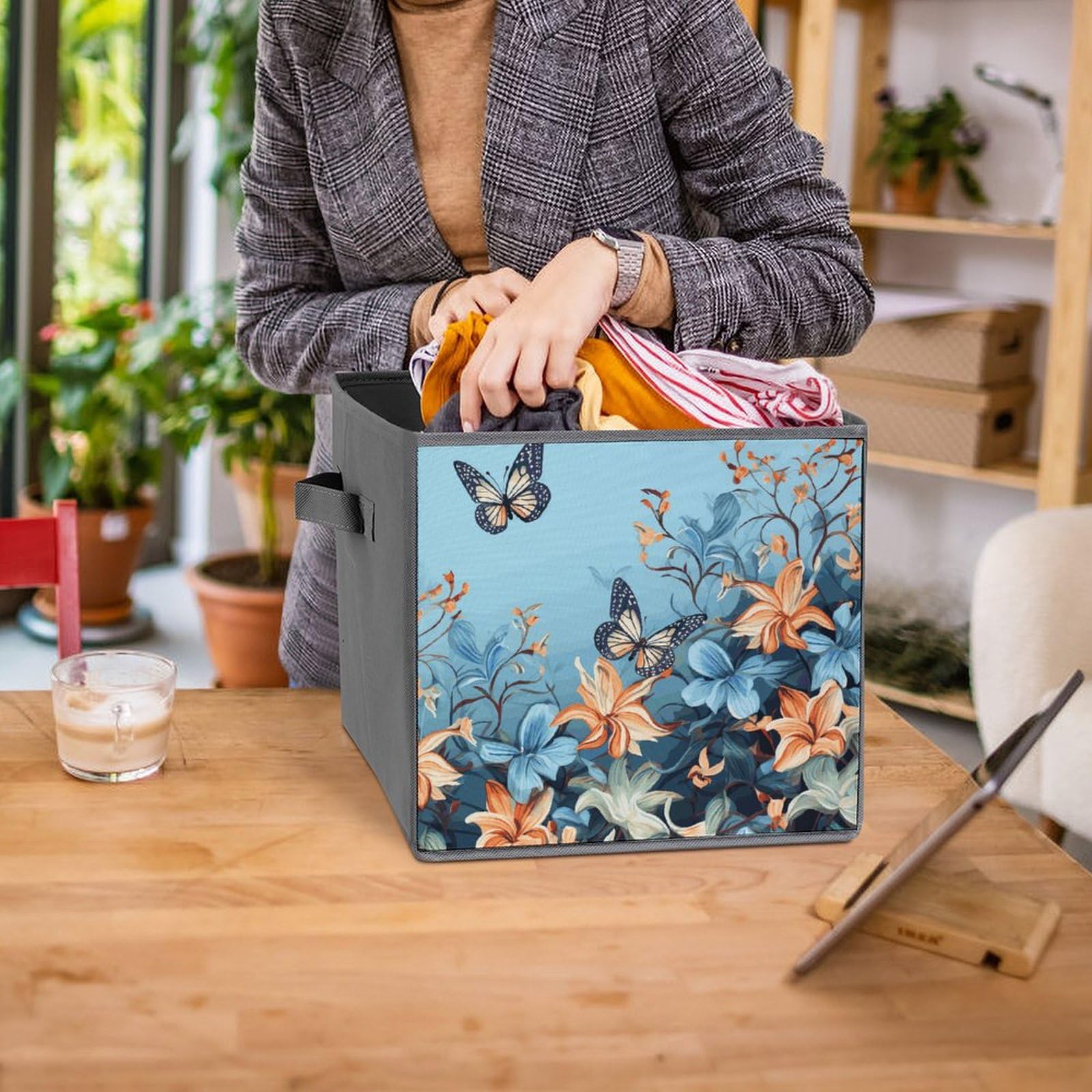 6-Piece Collapsible Storage Bins with Handles - Blue Butterfly Floral Printed Fabric Organizer Boxes for Shelves, Closet, Bathroom & Home Organization - Space Saving Foldable Storage Baskets for Bedroom, Office & Kids Room
