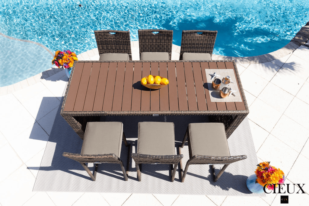 Brown Valence Outdoor Patio Wicker Bar Table and 6 Chairs Set with Sunbrella Canvas Taupe Cushions - Perfect for Backyard, Poolside, and Garden Entertaining