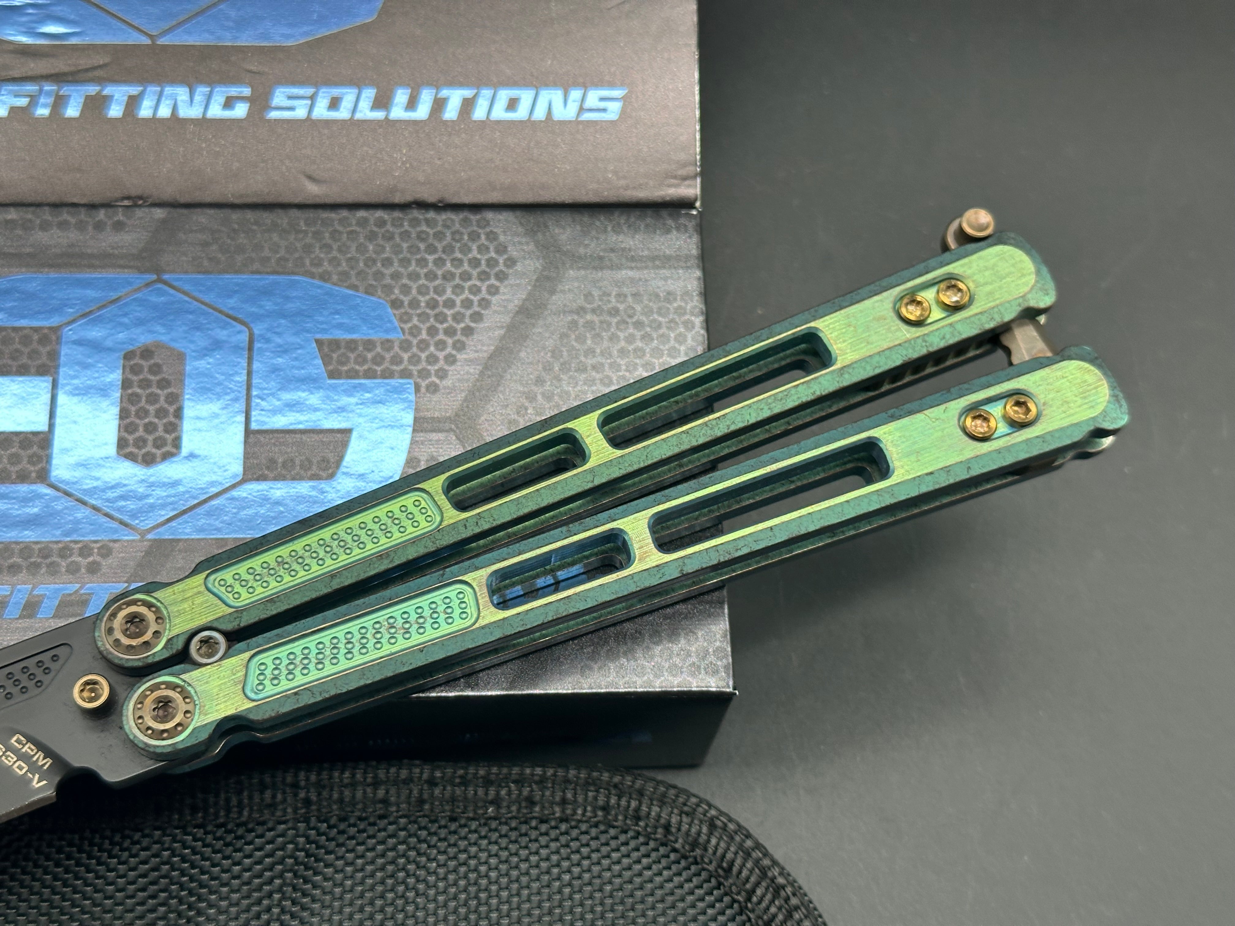 EOS Trident Balisong Butterfly Knife - Antique Green Bronze Titanium Handles with Gold Latch & Hardware | Collectible EDC Tool for Flipping Tricks & Outdoor Survival