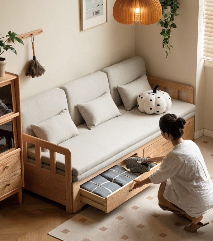 Solid Oak Wood Sofa Bed with Folding & Retractable Storage | Convertible Sleeper for Small Spaces, Guest Rooms & Apartments