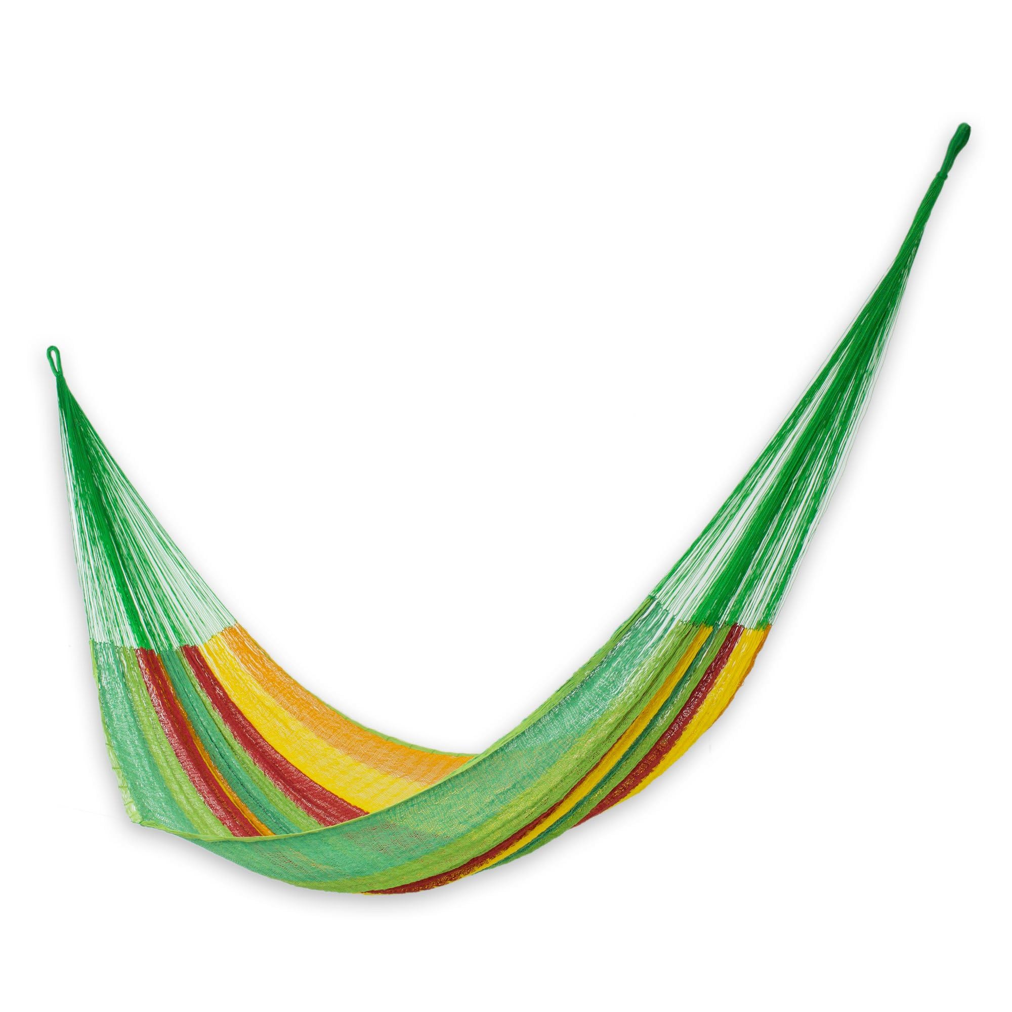 NOVICA Double XL Mayan Rope Hammock - Handwoven Cotton with Green, Yellow & Red Stripes - 2 Person Hammock for Outdoor Relaxation, Backyard Lounging & Beach Vacations
