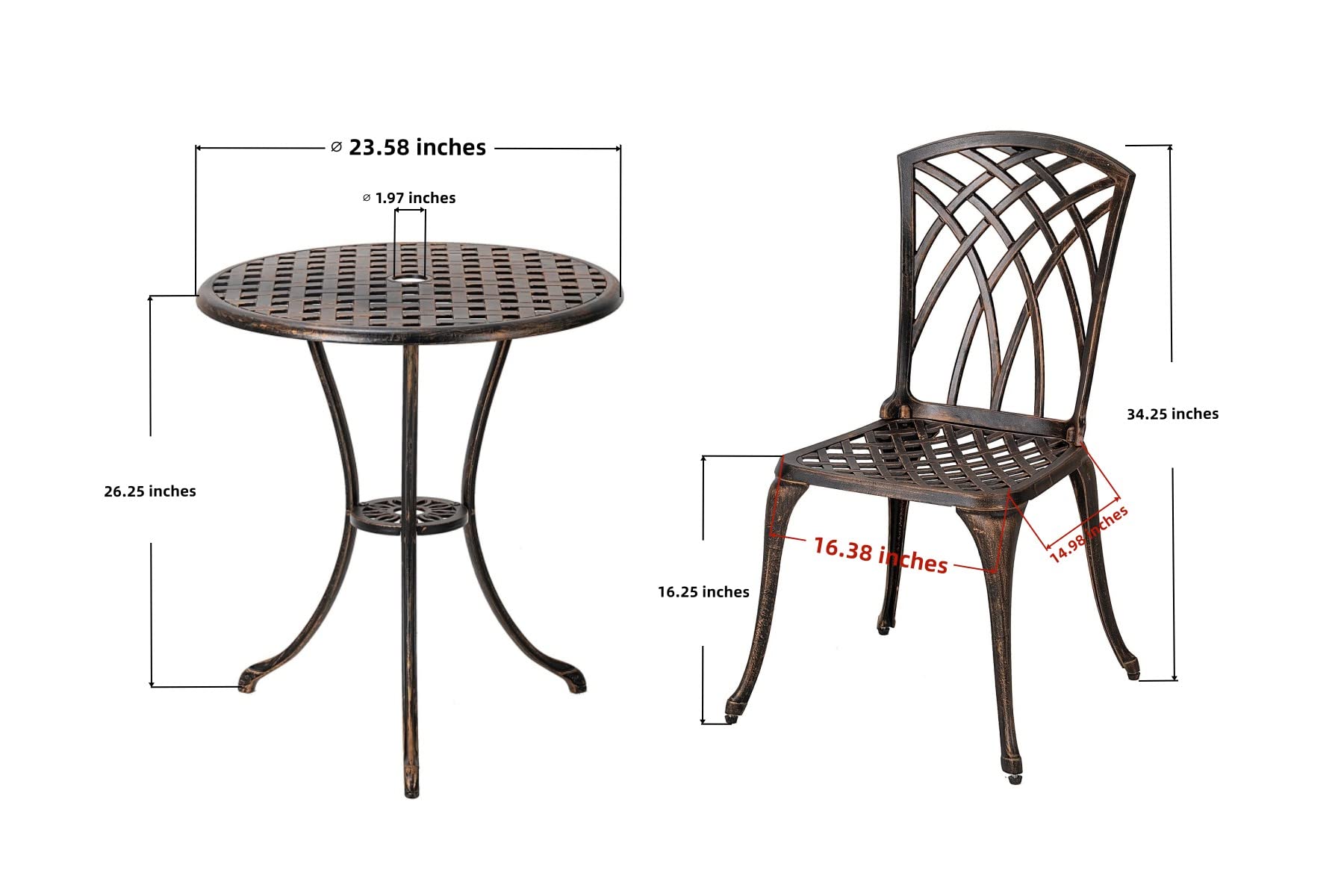 3-Piece Cast Aluminum Bistro Set with 2 Chairs & Round Table - Outdoor Patio Furniture with Umbrella Hole - Perfect for Balcony, Garden, Poolside Dining & Backyard Relaxation (Bronze)