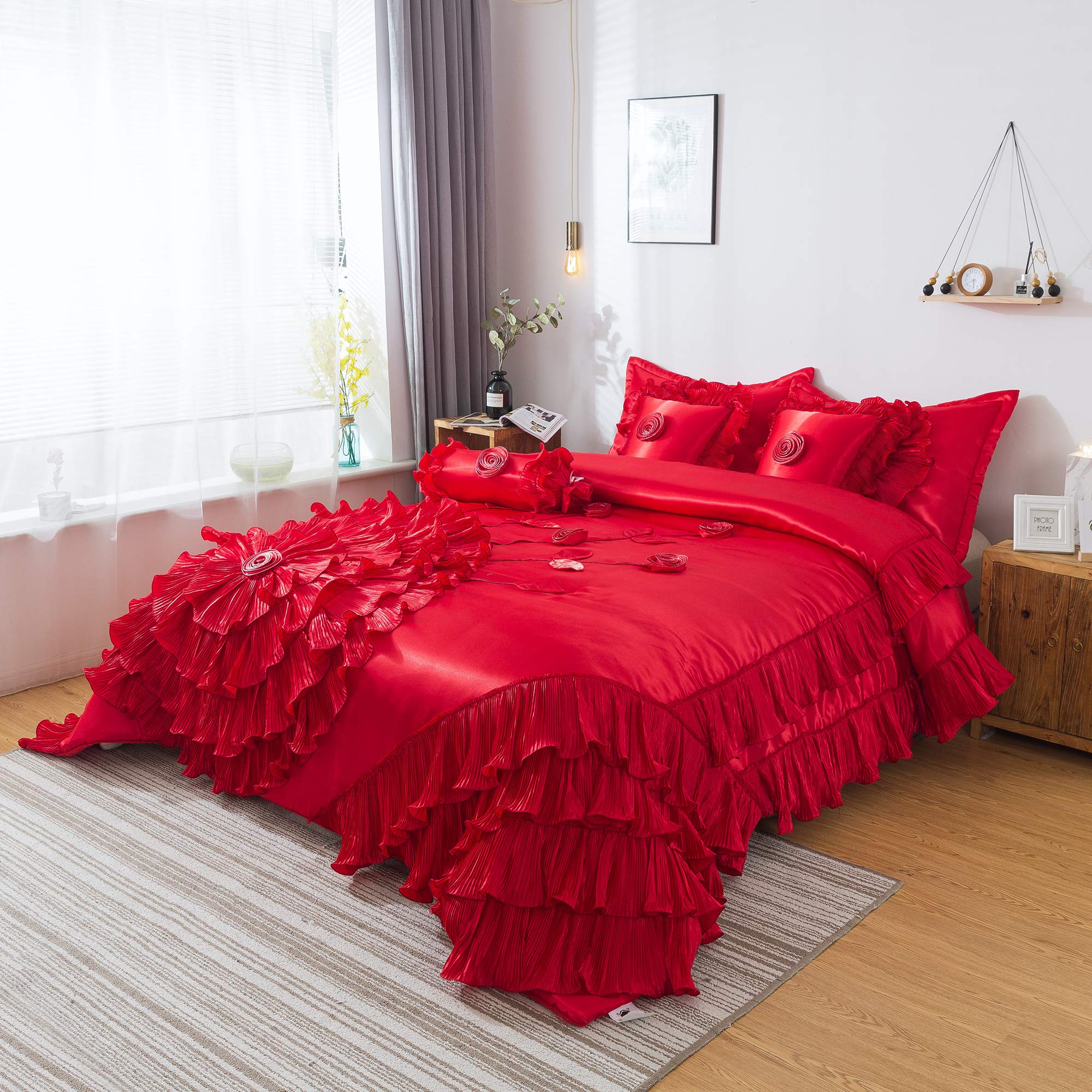 Tache Home Fashion VEHY4174-K Ruffled Comforter Bedding Set King Size Red - Luxury Bedroom Decor for Master Suite, Guest Room & Cozy Retreat