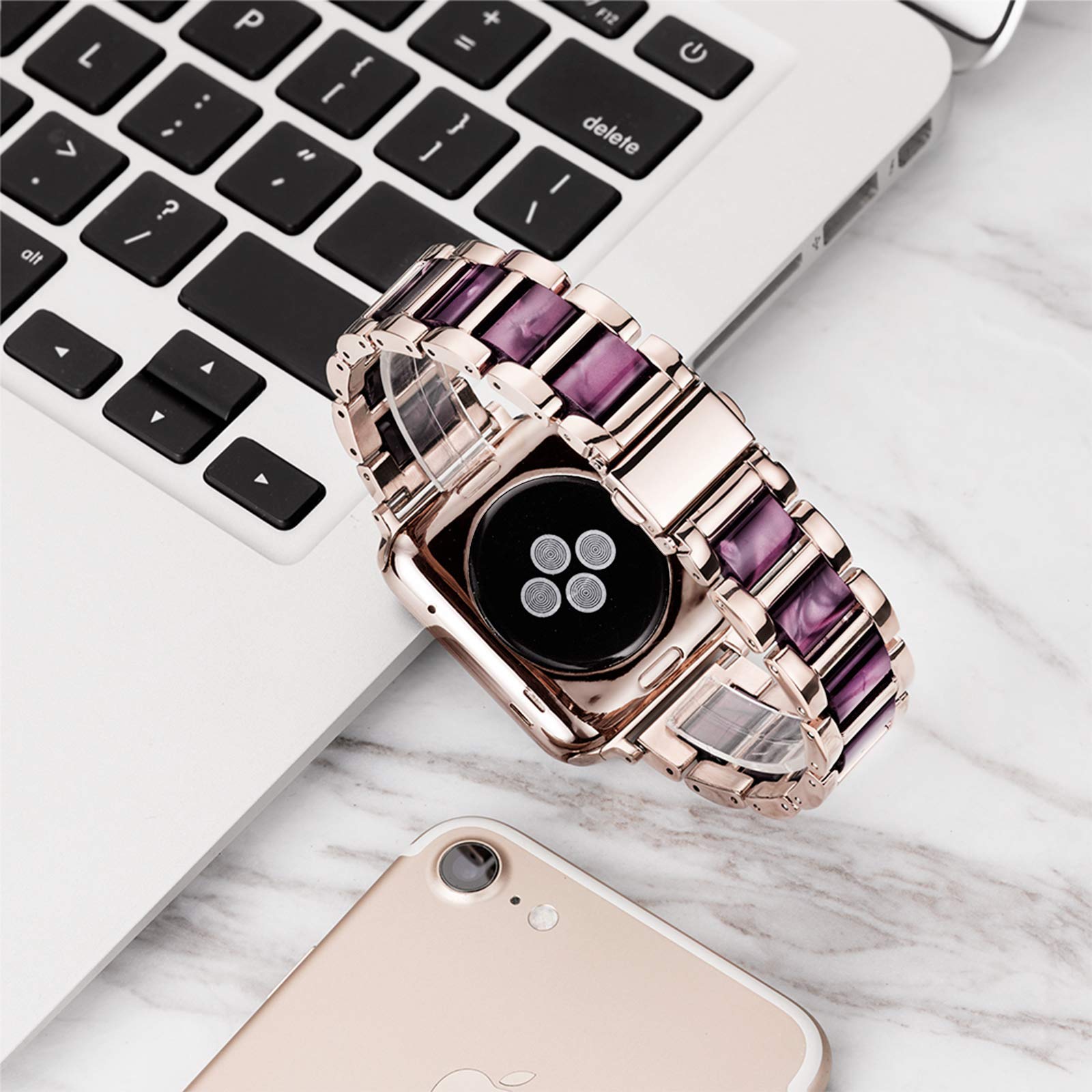 Luxury Light Purple Rose Resin Apple Watch Band with Stainless Steel - Comfortable Strap for Women, Compatible with Apple Watch Series 9/8/7/SE/6/5/4/3/2/1 (38mm/40mm/41mm) - Perfect for Workouts, Office & Everyday Fashion