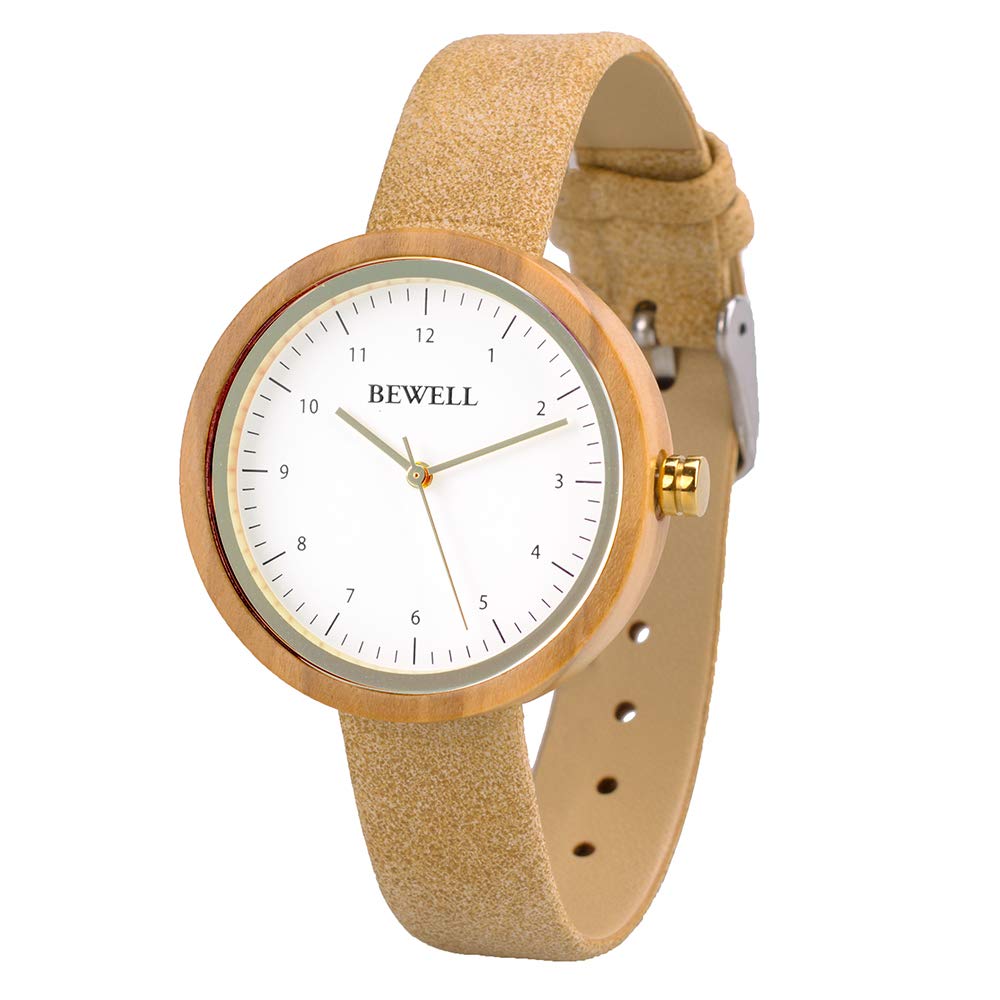 Bewell Minimalist Wooden Watch for Women - Lightweight Analog Quartz Wristwatch with Genuine Leather Band | Perfect for Casual, Office & Everyday Wear
