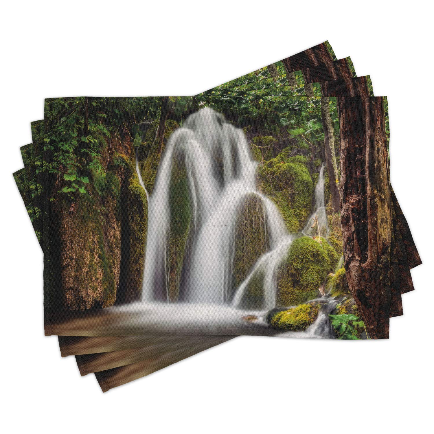 Ambesonne Waterfall Place Mats Set of 4 - Scenic Forest Cliff Waterfall Design, Washable Fabric Table Mats for Dining Room & Kitchen Decor (White & Green) - Perfect for Dinner Parties, Holiday Gatherings & Everyday Meals