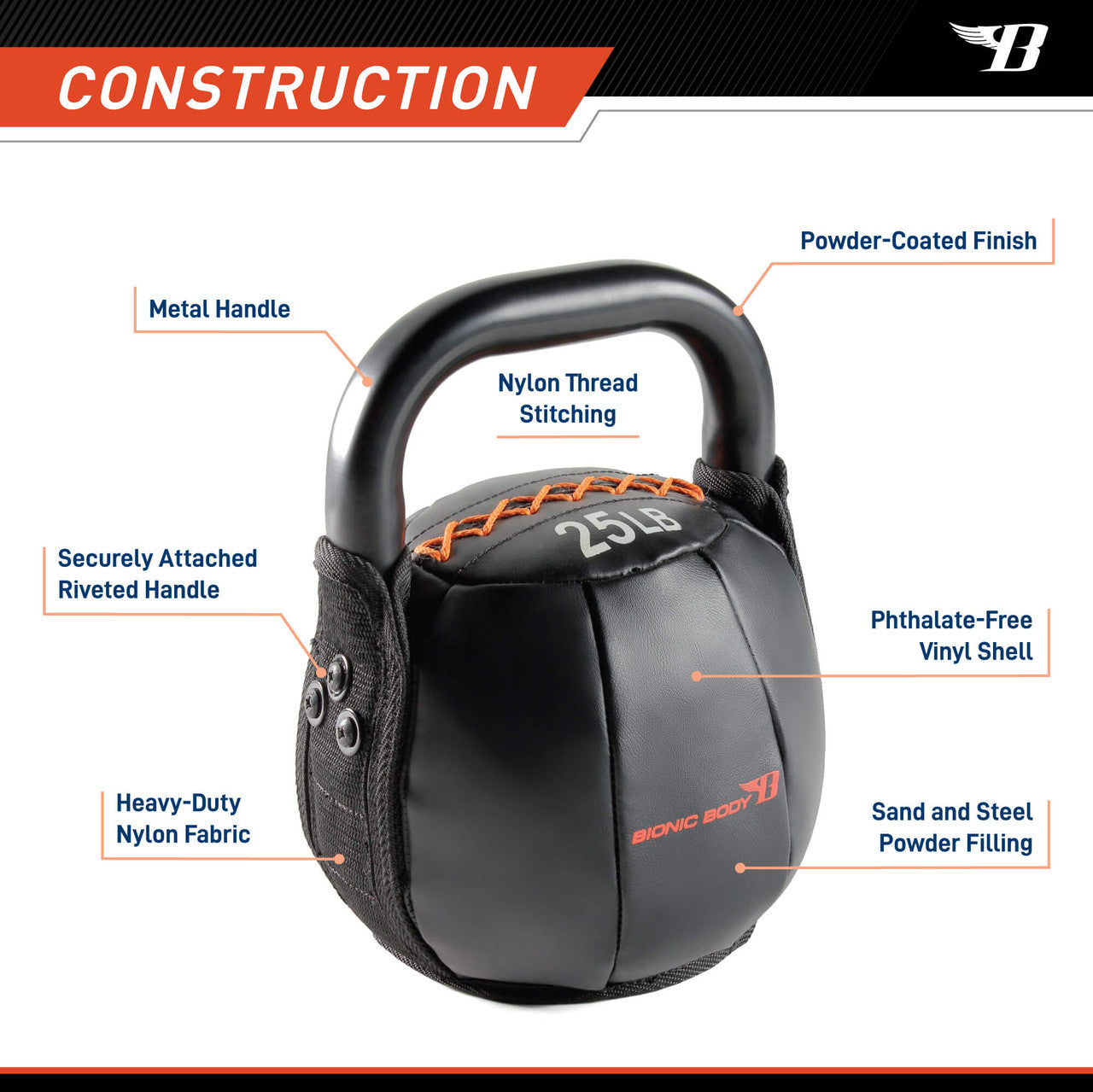 25lb Soft Kettlebell - Bionic Body BBKB 25 for Home Gym, CrossFit & Strength Training | Durable Neoprene Coating | Ideal for Beginners & Advanced Workouts