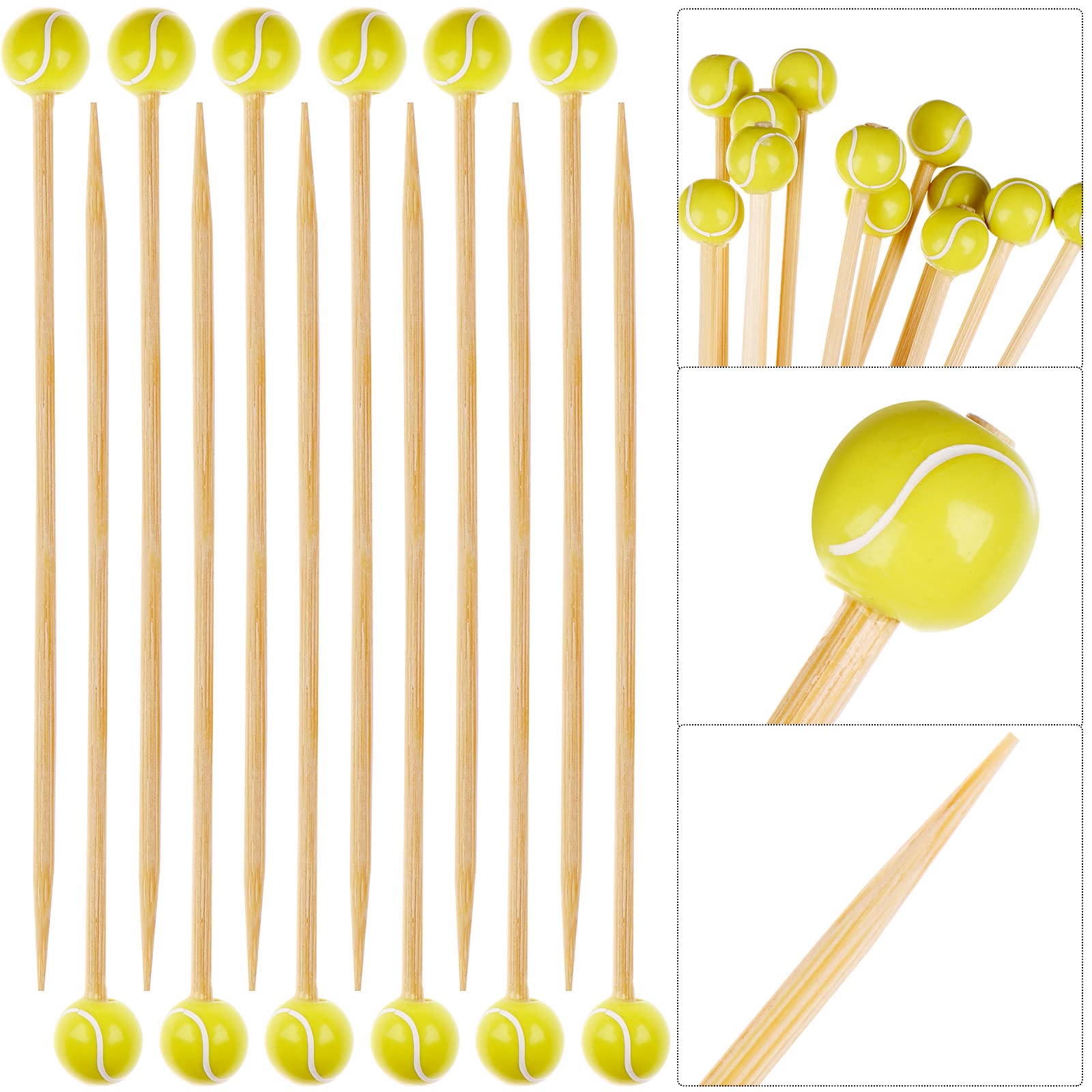 100-Piece 4.7 Inch Bamboo Cocktail Picks with Sports Ball Ends - Wooden Decorative Skewers for Appetizers, Fruits, and Party Foods - Perfect for Tennis Themed Parties, BBQ Gatherings, and Wedding Receptions