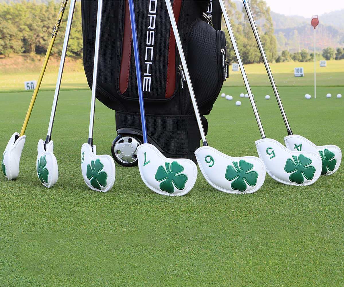 Premium Leather Golf Iron Head Covers Set of 10 - Lucky Clover Design with Secure Magic Tape for All Brand Clubs | Protective Club Covers for Travel & Storage | Ideal Gift for Golf Enthusiasts