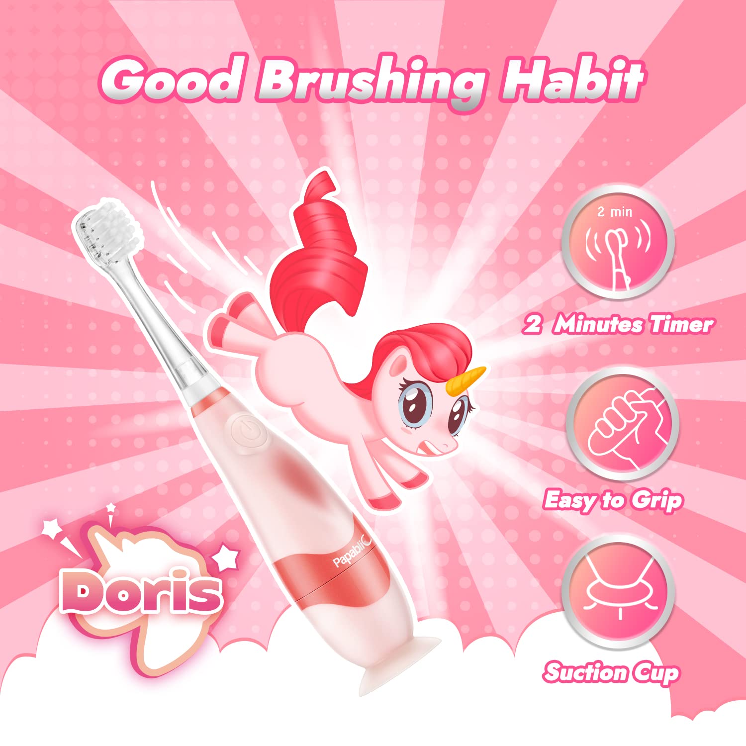 **Papablic Sonic Electric Toothbrush for Toddlers (Ages 1-3) – Kids Electric Toothbrush with Unicorn Cover, LED Timer & 4 Brush Heads – Gentle Cleaning for Baby Teeth – Perfect for Home & Travel Use**