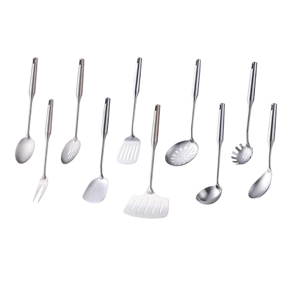 Premium 18/8 Stainless Steel Kitchen Utensil Set - 10 Piece Long Handle Cooking Tools for Nonstick Cookware (Silver) | Ideal for Sauteing, Frying, Baking & Everyday Cooking