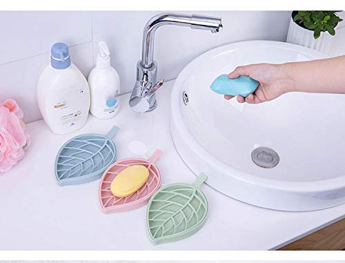 iSTAR Plastic 3-Piece Leaf Shaped Double Layer Soap Dish Set - Bathroom Organizer for Shower, Sink, and Countertop (Pink, Blue, Green) - Perfect for Home, Hotel, and Spa Decor