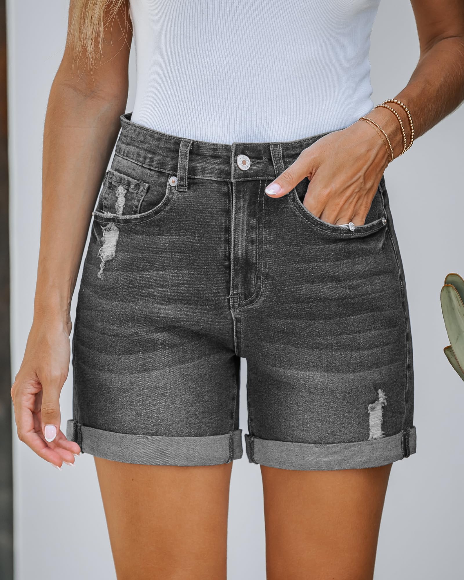 LookbookStore Women's Stretchy High Waisted Ripped Denim Shorts with Pockets - Trendy Distressed Cut Off Jean Shorts for Summer Outfits & Casual Wear
