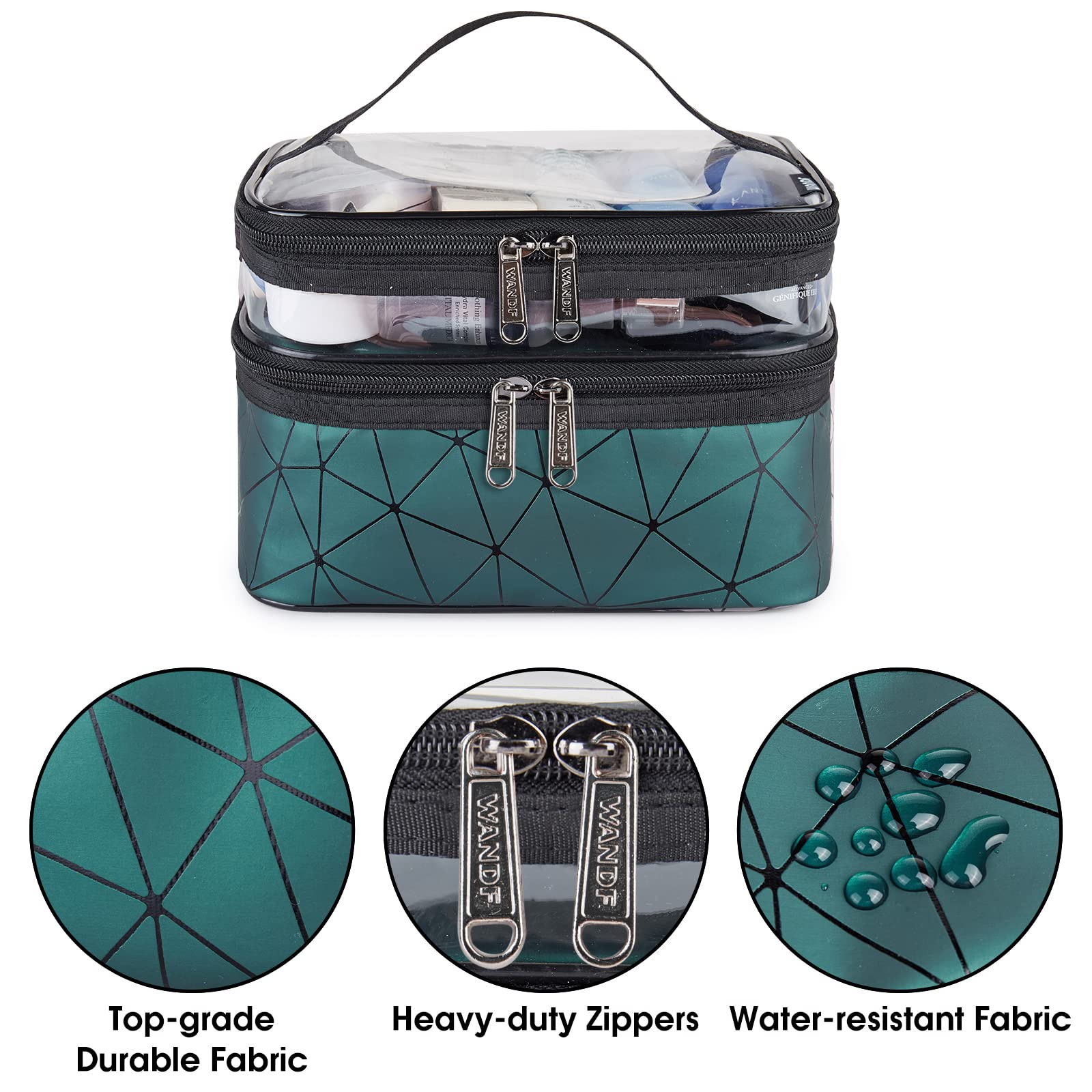 Double Layer Large Clear Makeup Bag for Women - Waterproof Travel Cosmetic Case & Toiletry Organizer | Perfect for Camping, College, Gym & Vacation (Dark Green)
