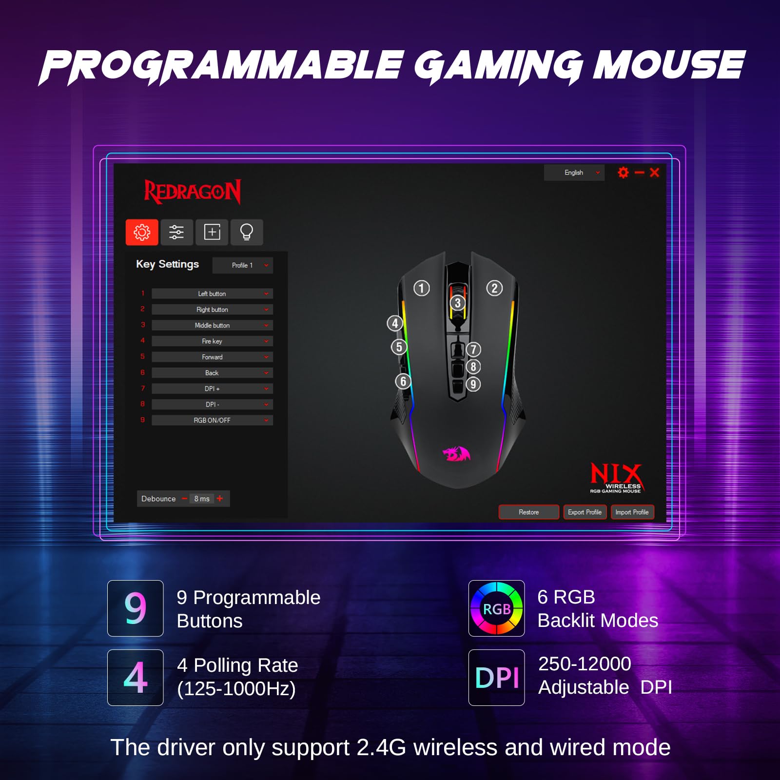 Redragon Tri-Mode Wireless Gaming Mouse - 2.4G/USB-C/Bluetooth Connectivity, 12000 DPI, RGB Backlit, Rechargeable, Programmable Ergonomic Mouse for PC, Mac, Laptop (Black) - Perfect for FPS, MOBA & Office Work