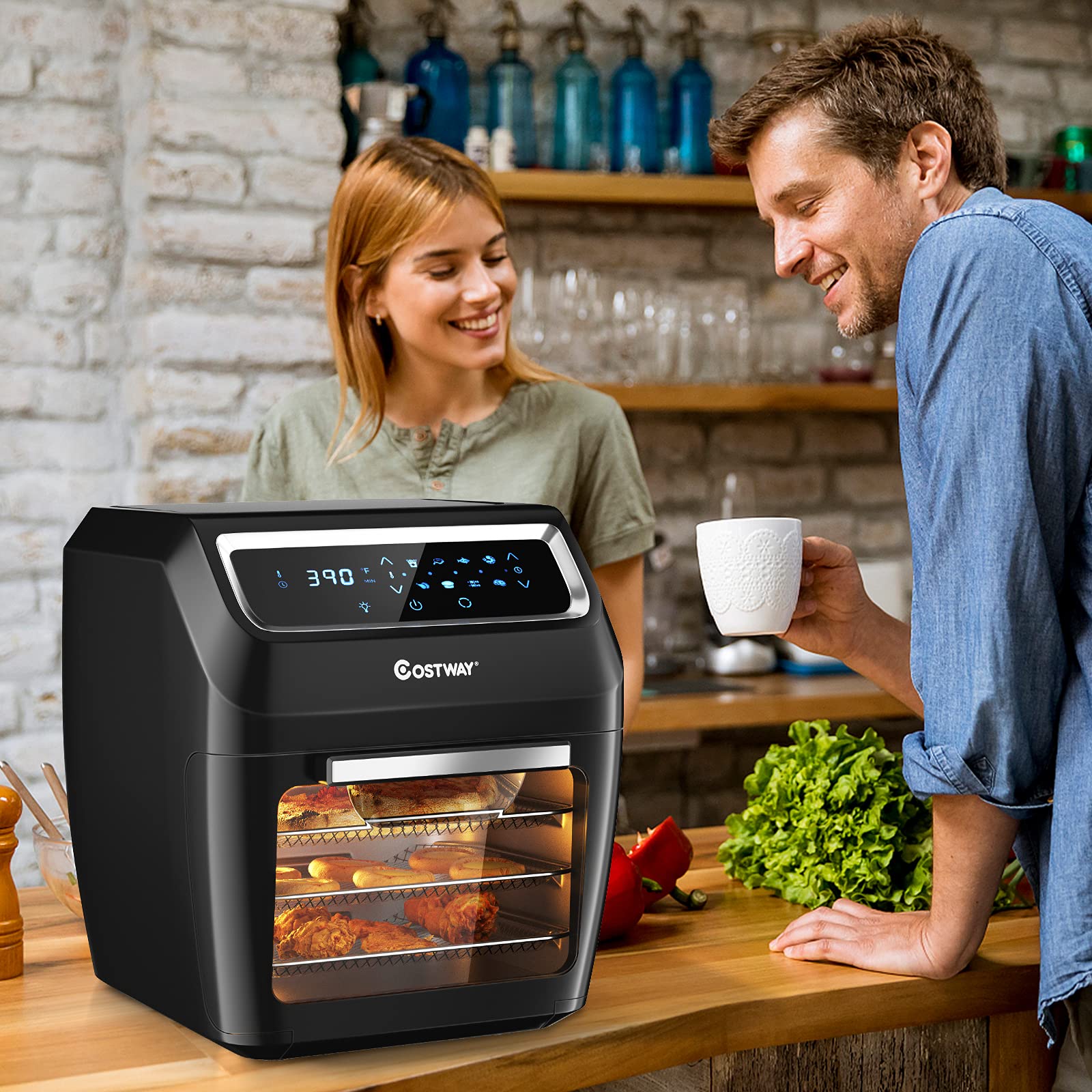 COSTWAY 8-in-1 Air Fryer Oven with Rotisserie & Dehydrator, 1700W Countertop Convection Oven with LED Touch Screen - Perfect for Pizza, Toast, Turkey, Roasting, and Healthy Snacks